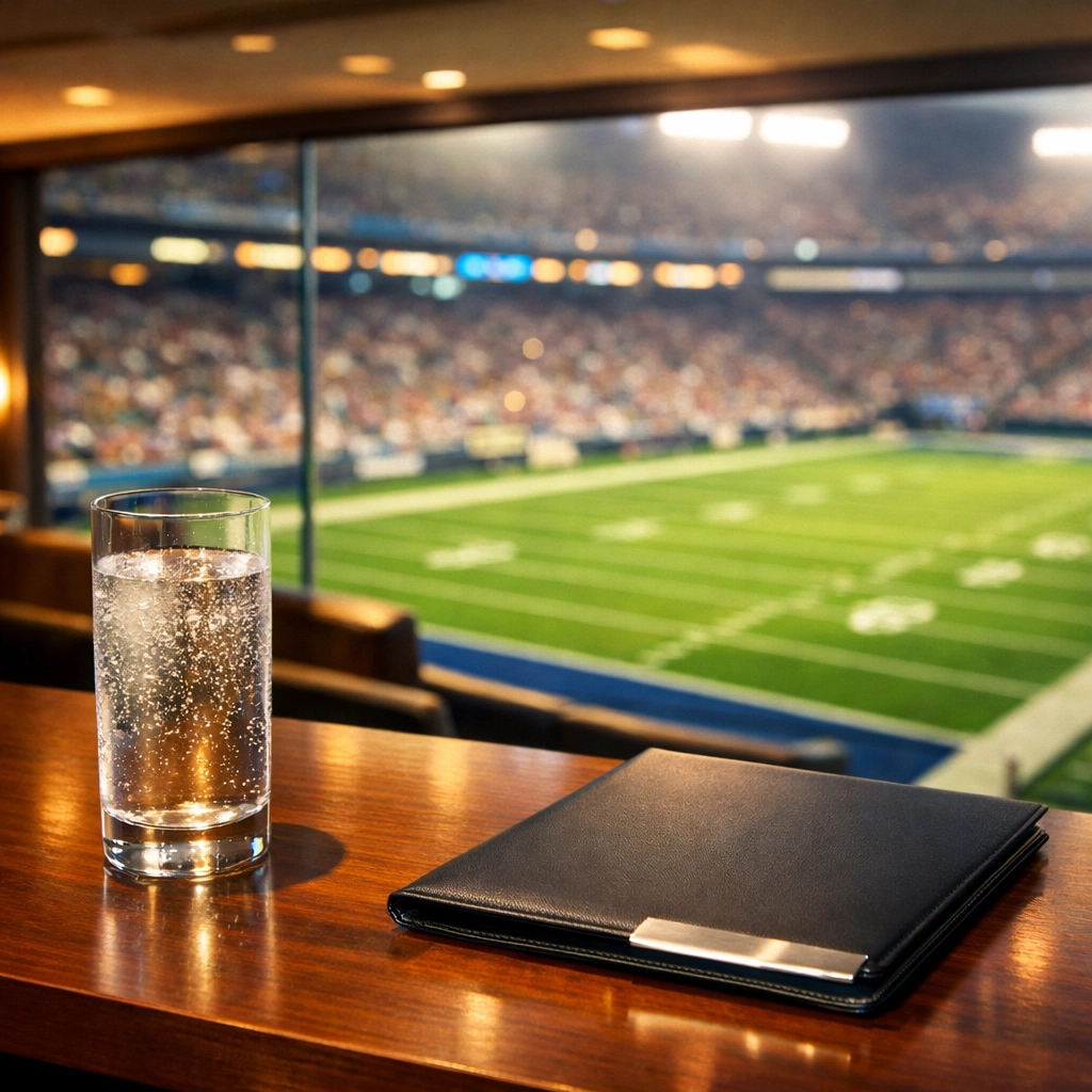 View from an exclusive stadium hospitality suite overlooking the field for high-stakes corporate networking.