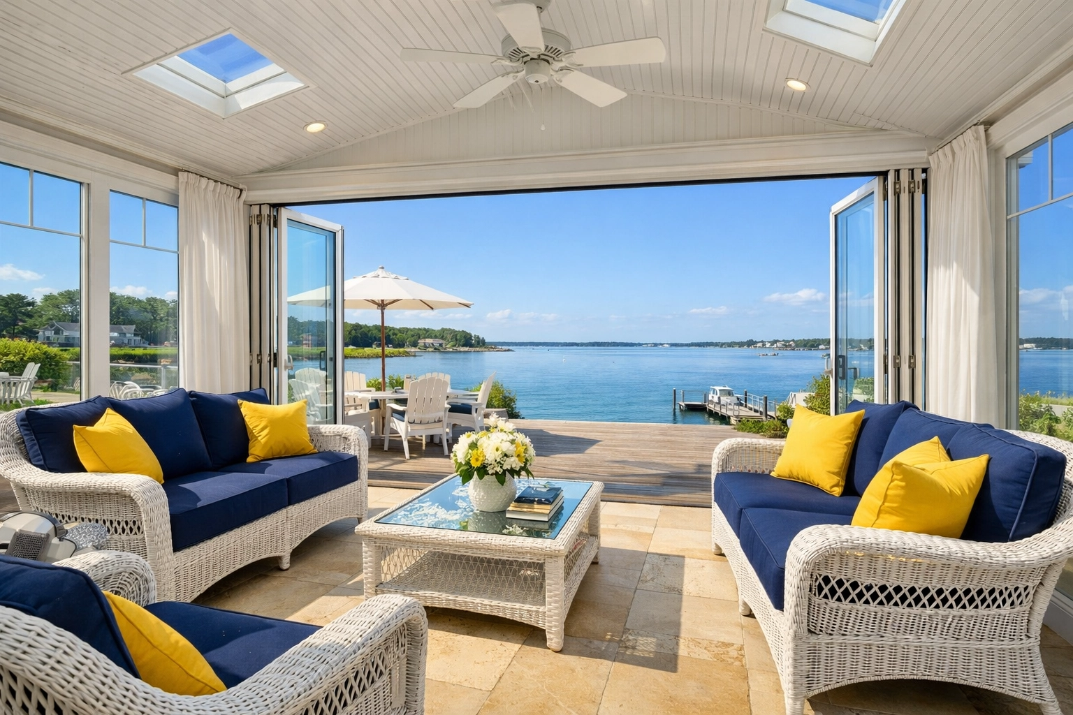 Pristine luxury sunroom with an ocean view after top-rated house cleaning in West Yarmouth, MA.
