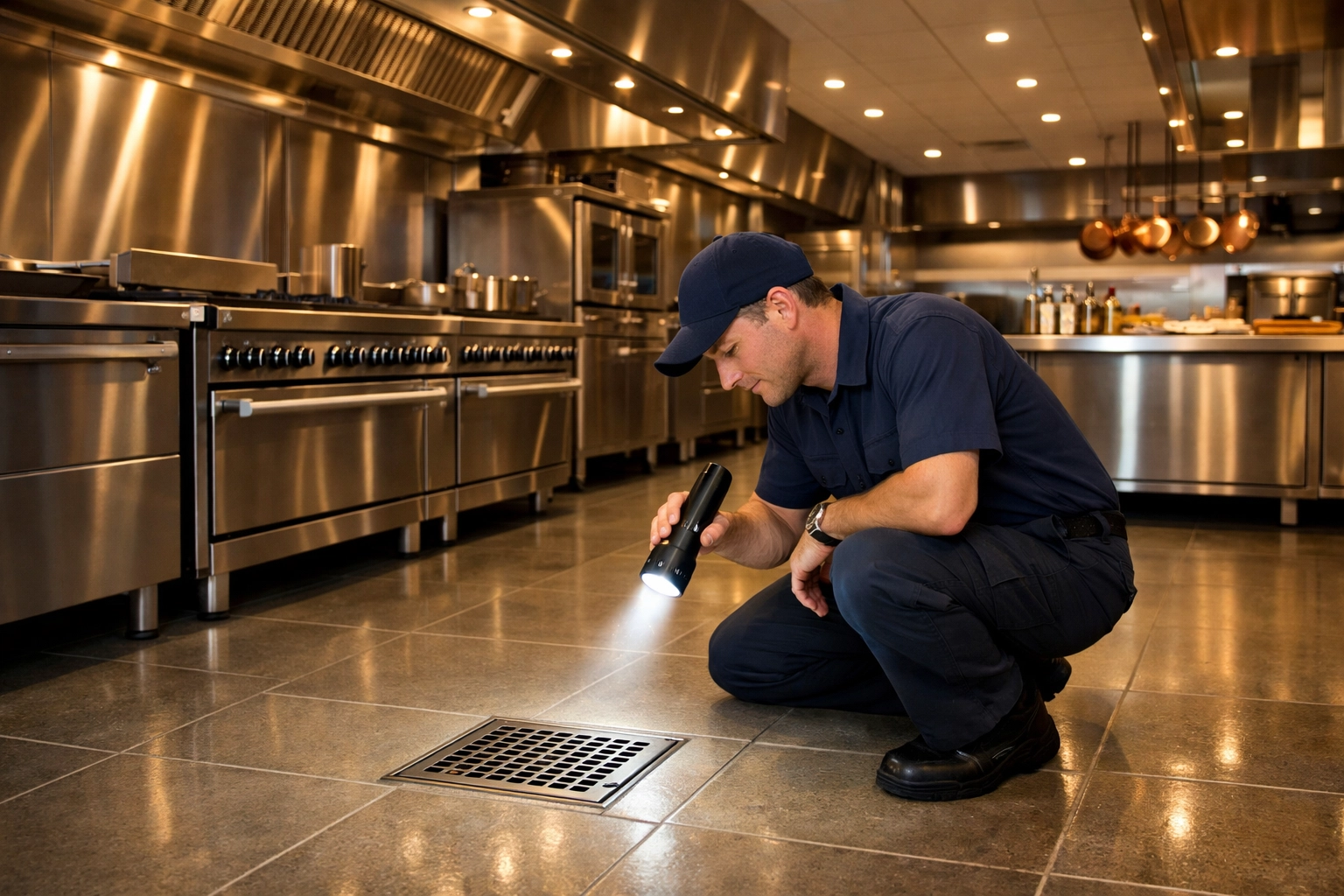 Commercial pest control technician inspecting a Westchester kitchen floor drain for proactive IPM prevention.