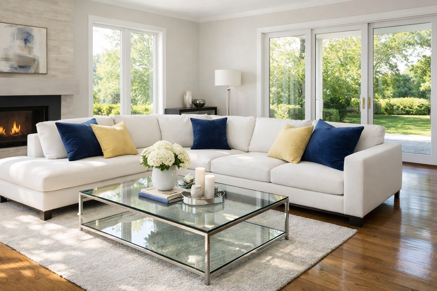 Spotless modern living room showing professional house cleaning Shrewsbury MA with dust-free floors.