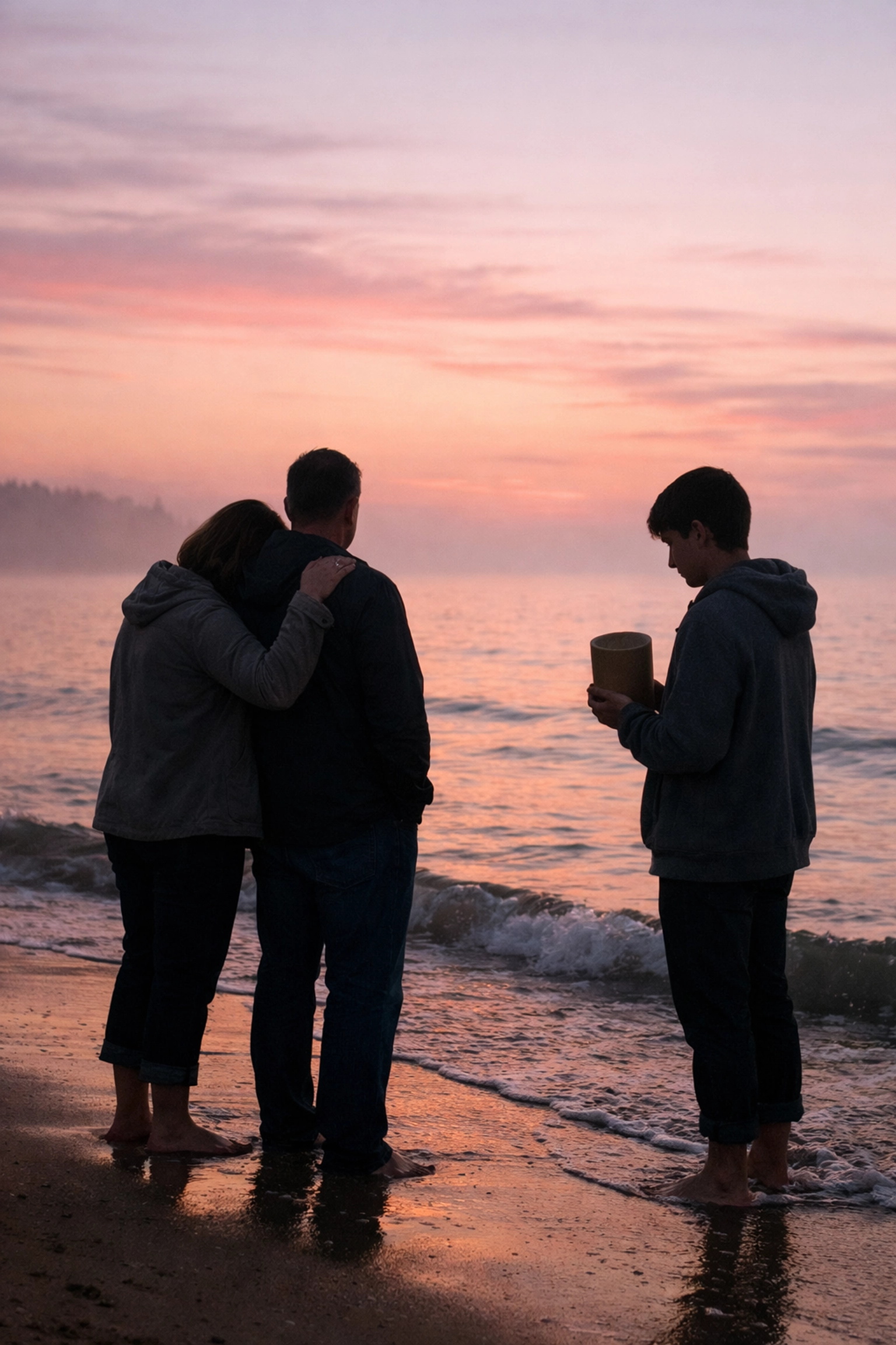 Family gathering at beach for peaceful ashes scattering ceremony at dawn