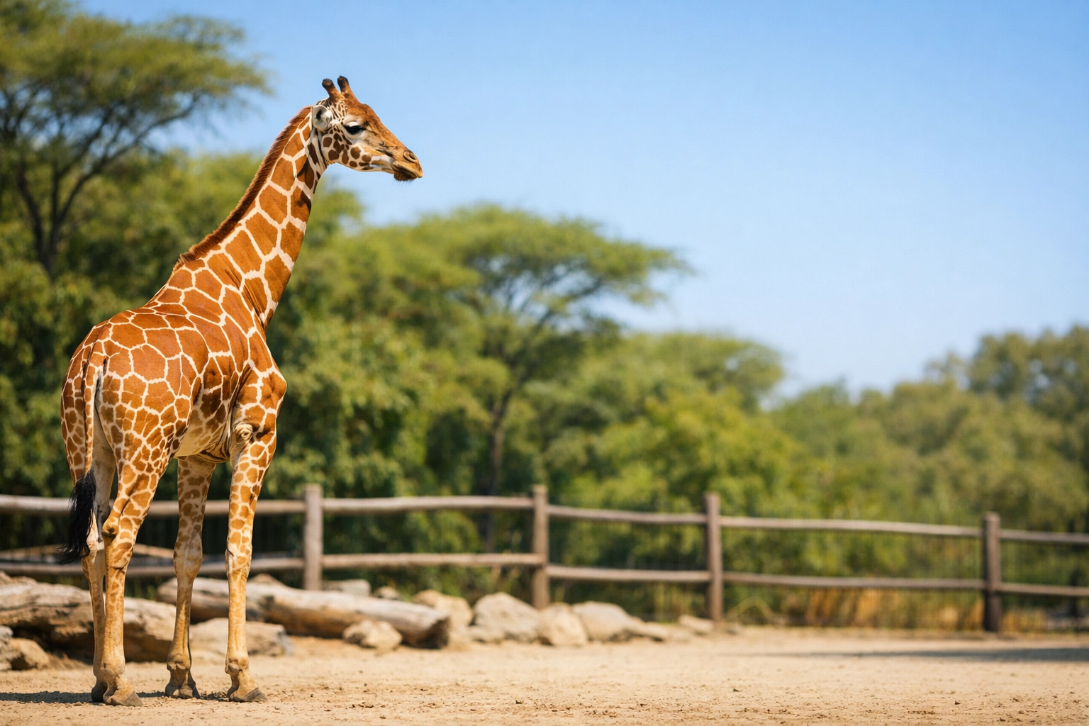 Giraffe in a zoo enclosure using rule of thirds composition for a professional species spotlight.