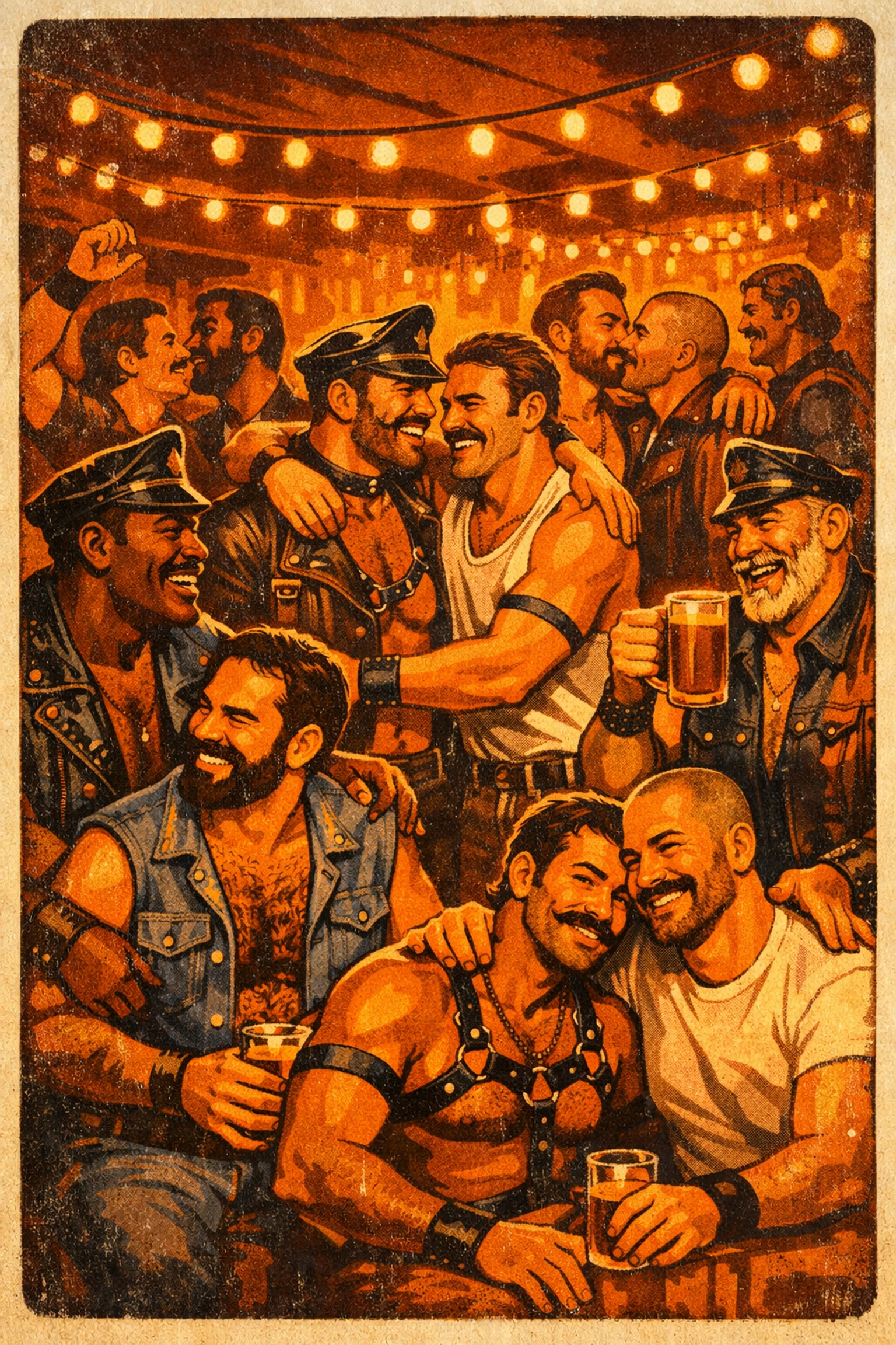 Gay leather community gathering and celebration at Mineshaft bar showing brotherhood