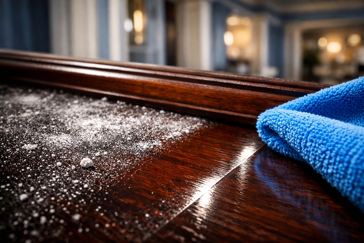 Close-up of fine drywall dust being wiped from a windowsill for thorough post construction cleaning Franklin.
