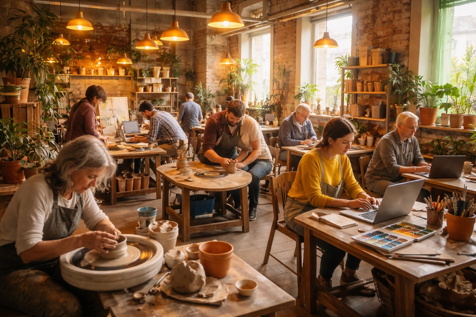Adult learners of different backgrounds in a vibrant, inclusive workshop participating in hands-on activities.