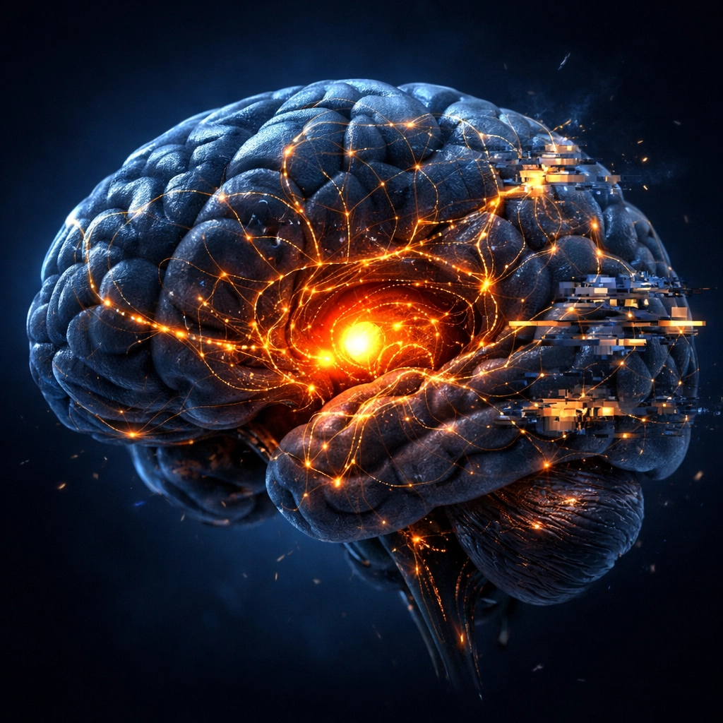 Human brain showing active stress response and amygdala pathways related to chronic eco-anxiety.