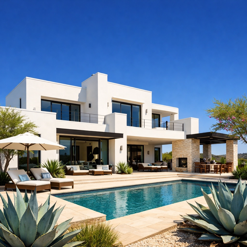 Luxury home painting in Austin showing white stucco reflecting intense Texas sun.