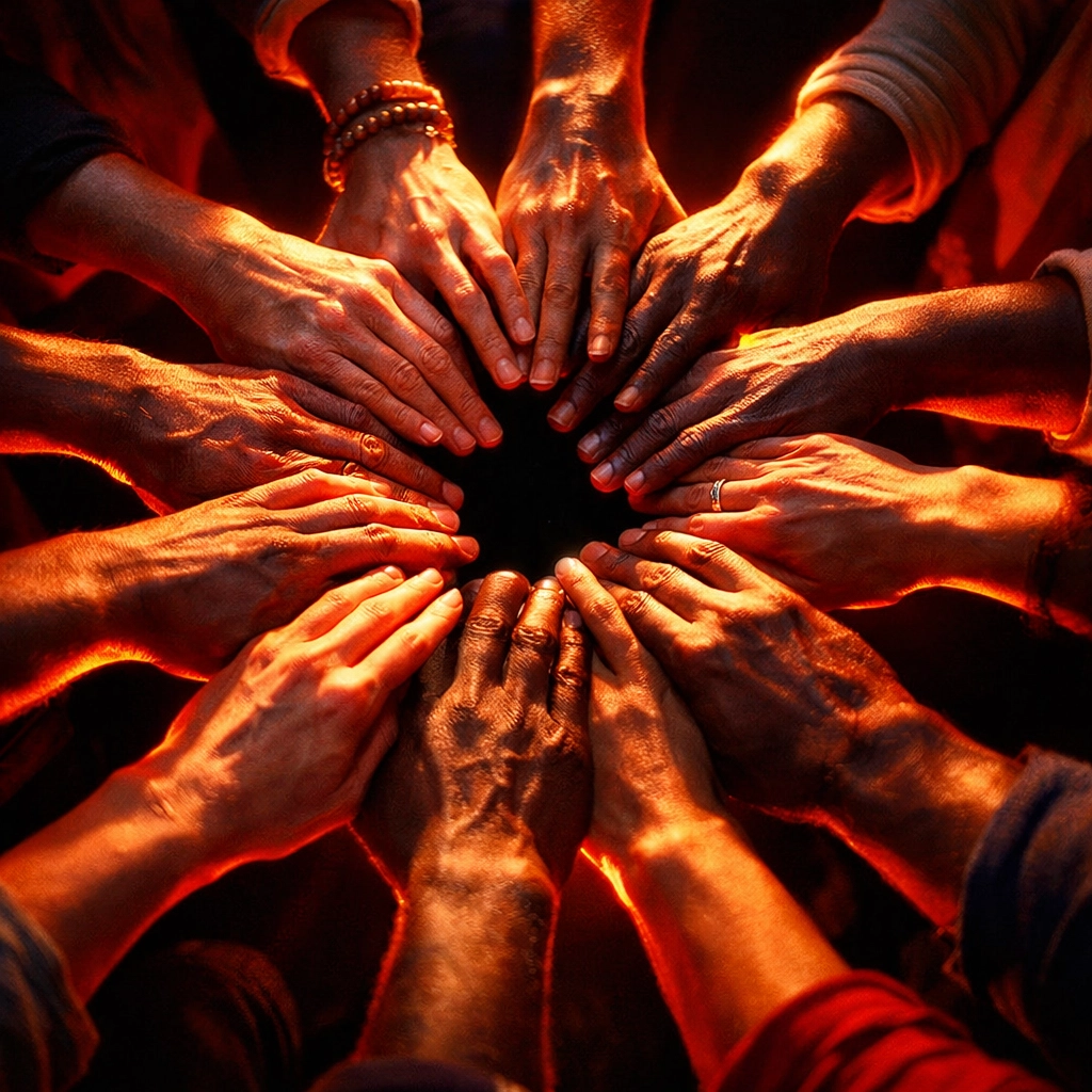 Diverse hands joined in circle during Pen Power community breathing exercise in Leeds