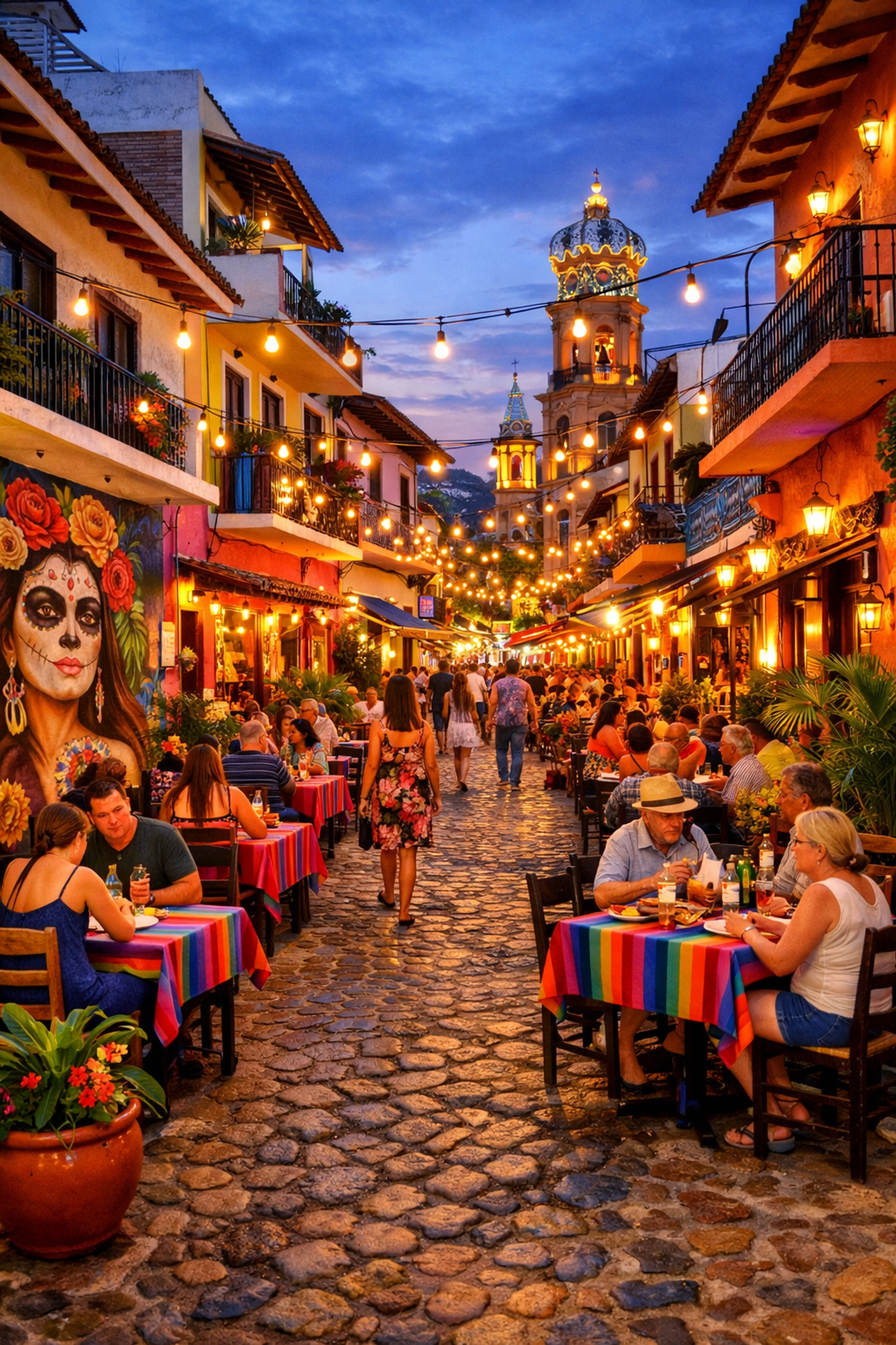 Evening street scene in Puerto Vallarta Romantic Zone with colonial architecture and dining