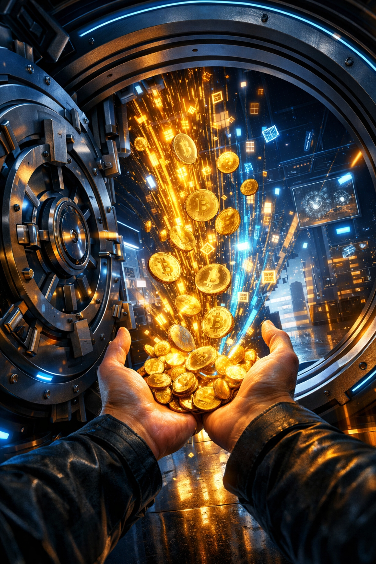 Digital vault opening with crypto coins flowing to merchant hands, representing decentralized Web3 payment freedom