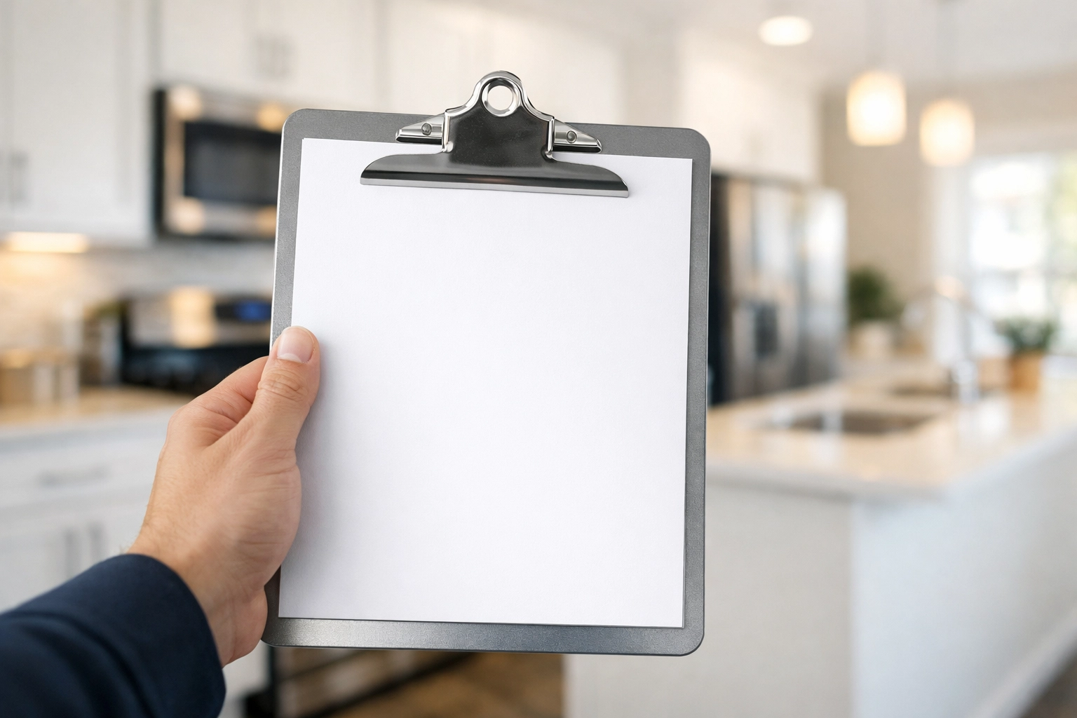 Property manager performing a final inspection with a move-out checklist in an Indianapolis kitchen.