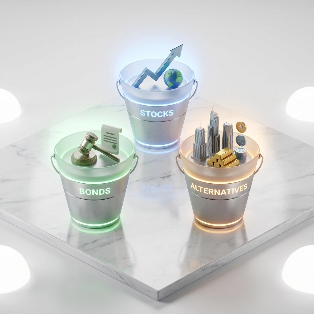 Infographic showing diversified portfolio buckets for stocks, bonds, and alternatives in 40/30/30 strategy.