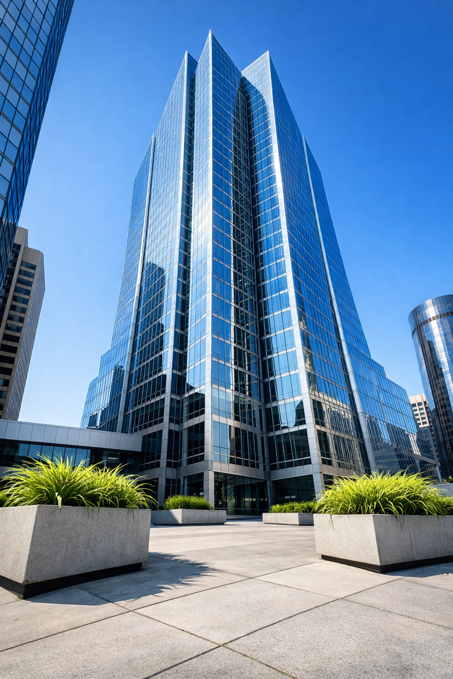 Exterior view of a Detroit skyscraper with clean windows, highlighting expert commercial property management.