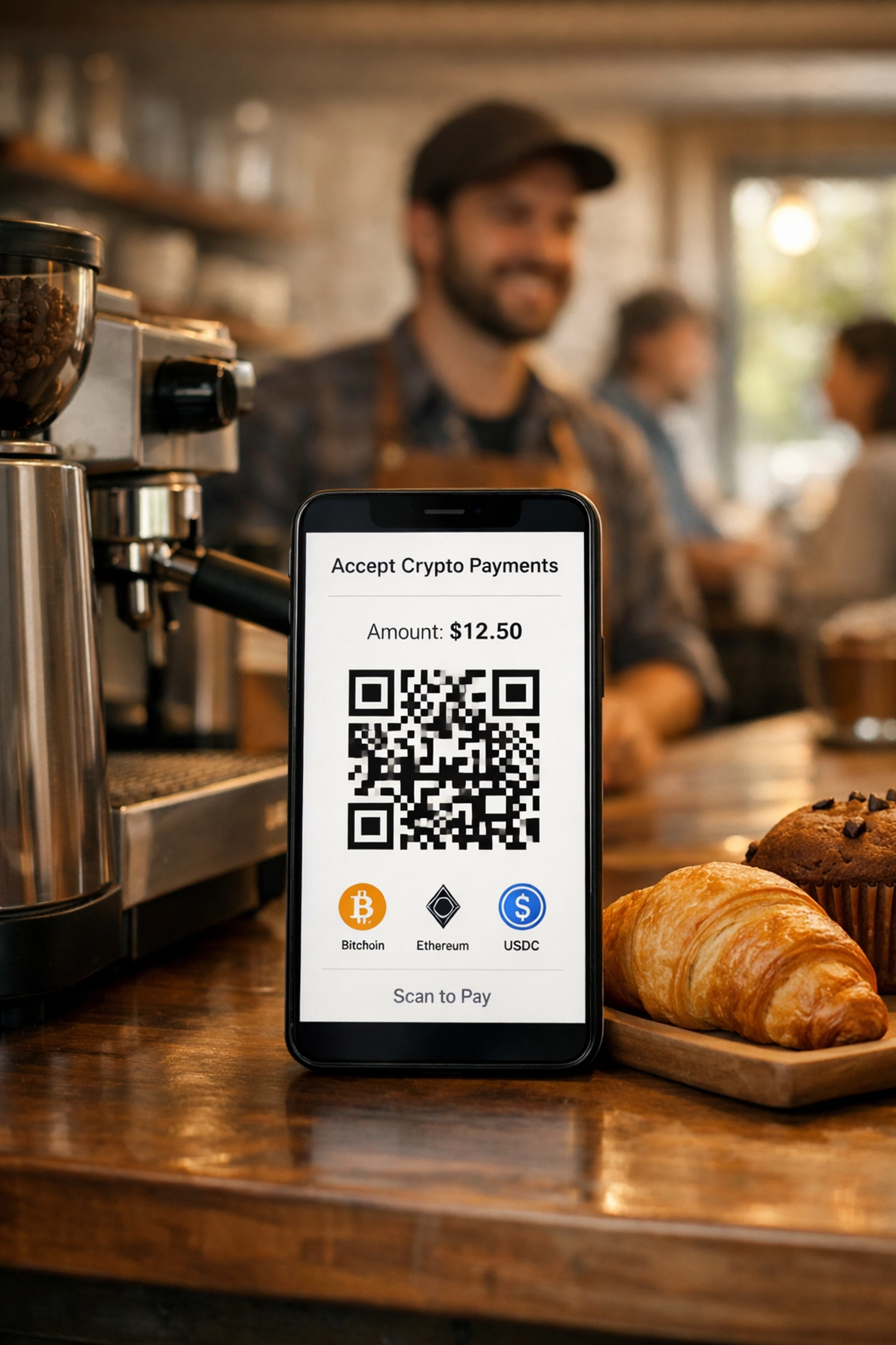 Simple crypto POS payment system on smartphone at small business counter