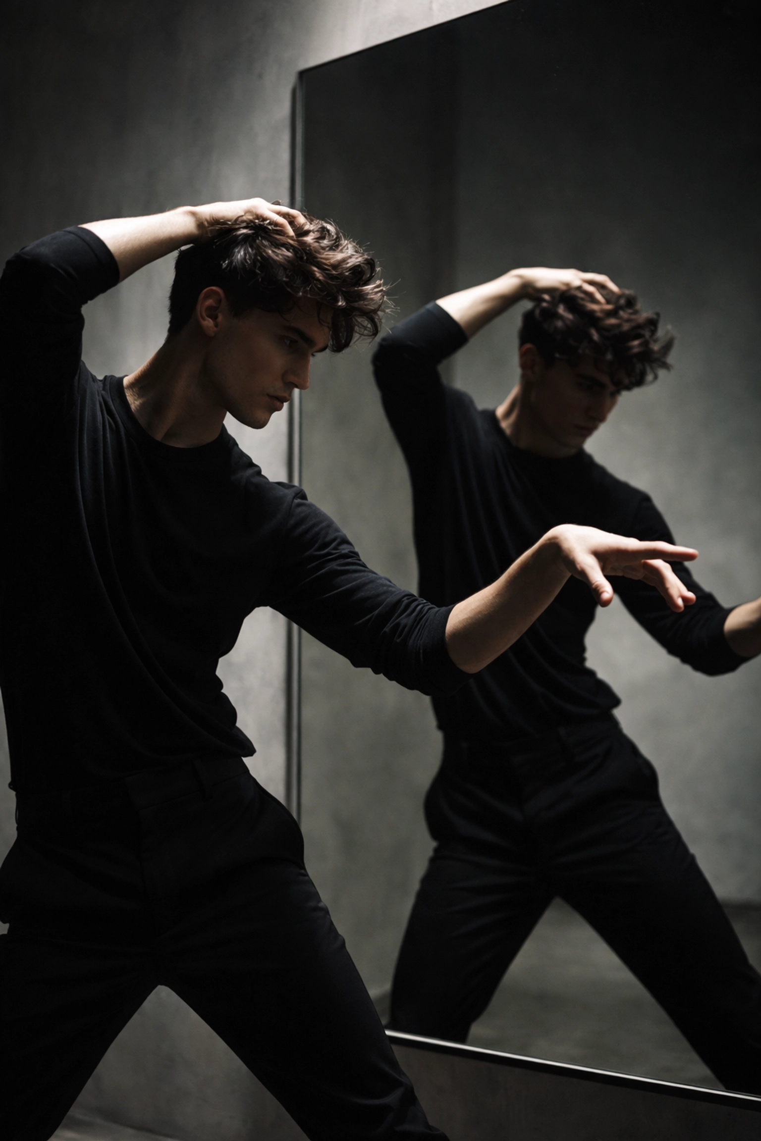 Male model practicing expressive poses in a studio mirror, perfecting modeling competition techniques.