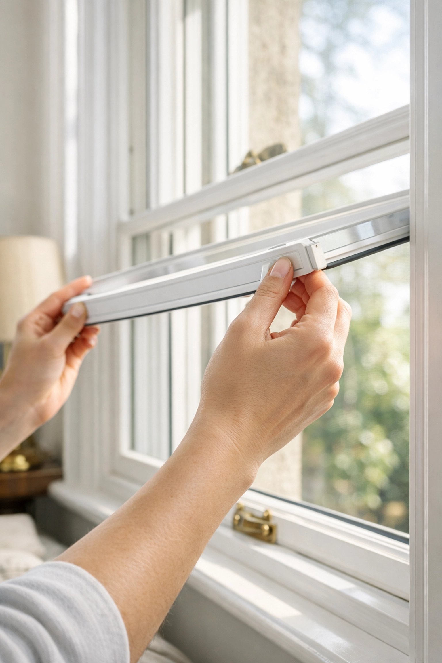 Demonstration of lifting a slimline aluminium secondary glazing panel from a Victorian sash window.