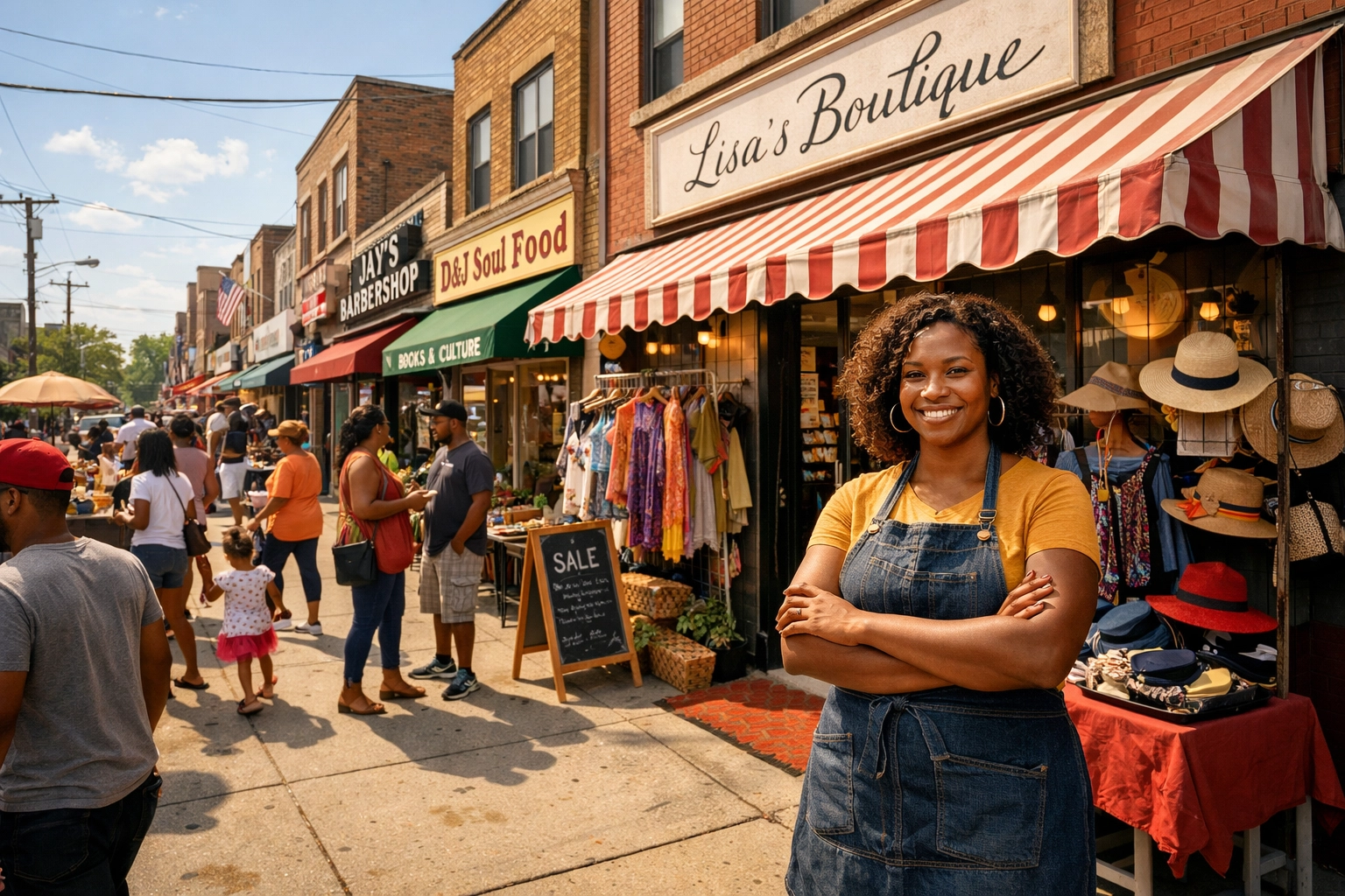 Thriving Black-owned business district with customers shopping at local storefronts