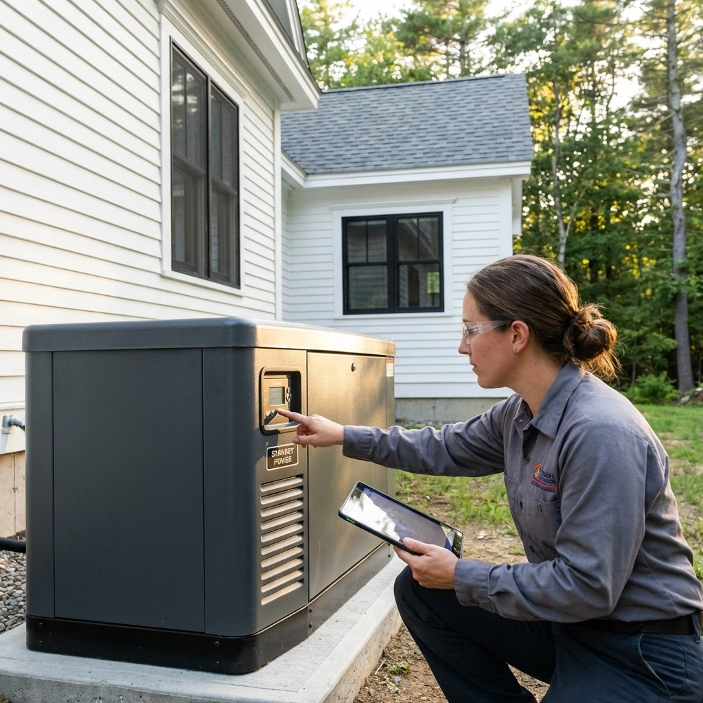 Licensed Maine electrician inspecting standby generator outside modern home, showing expert installation in southern Maine