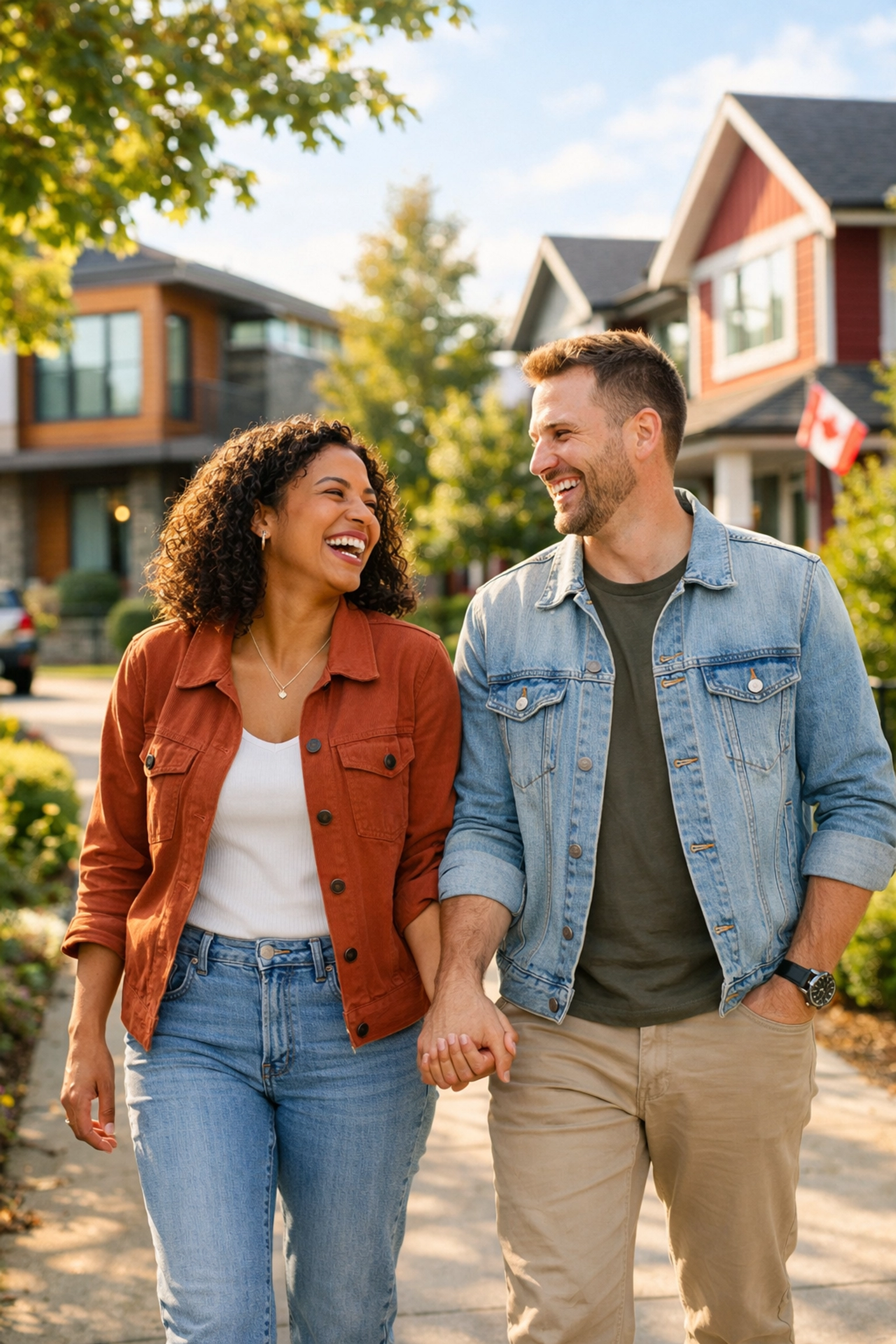 A relaxed couple in a local neighborhood experiencing financial freedom with Canadian loans.