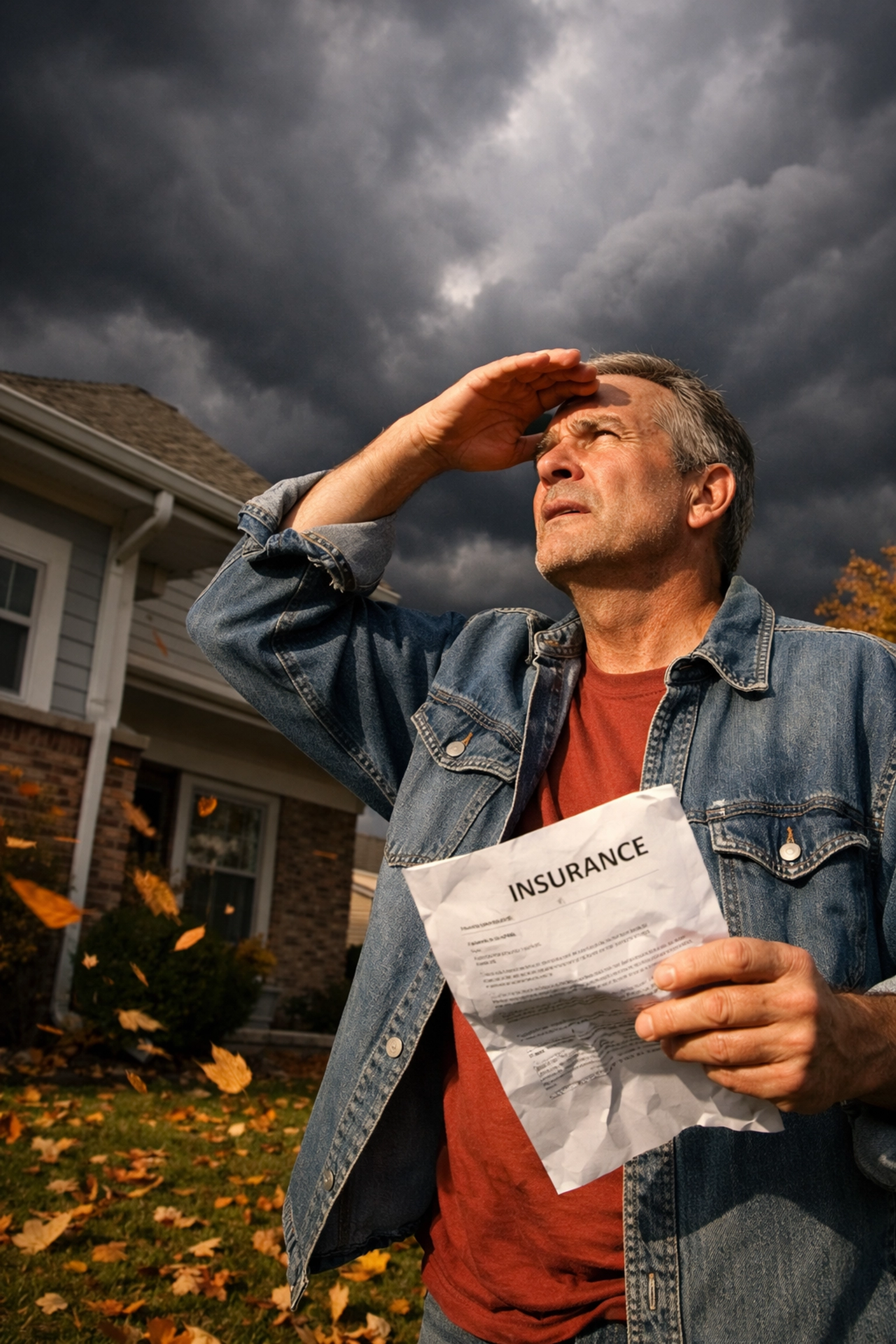 Illinois homeowner inspecting aging roof with approaching storm clouds and insurance policy letter