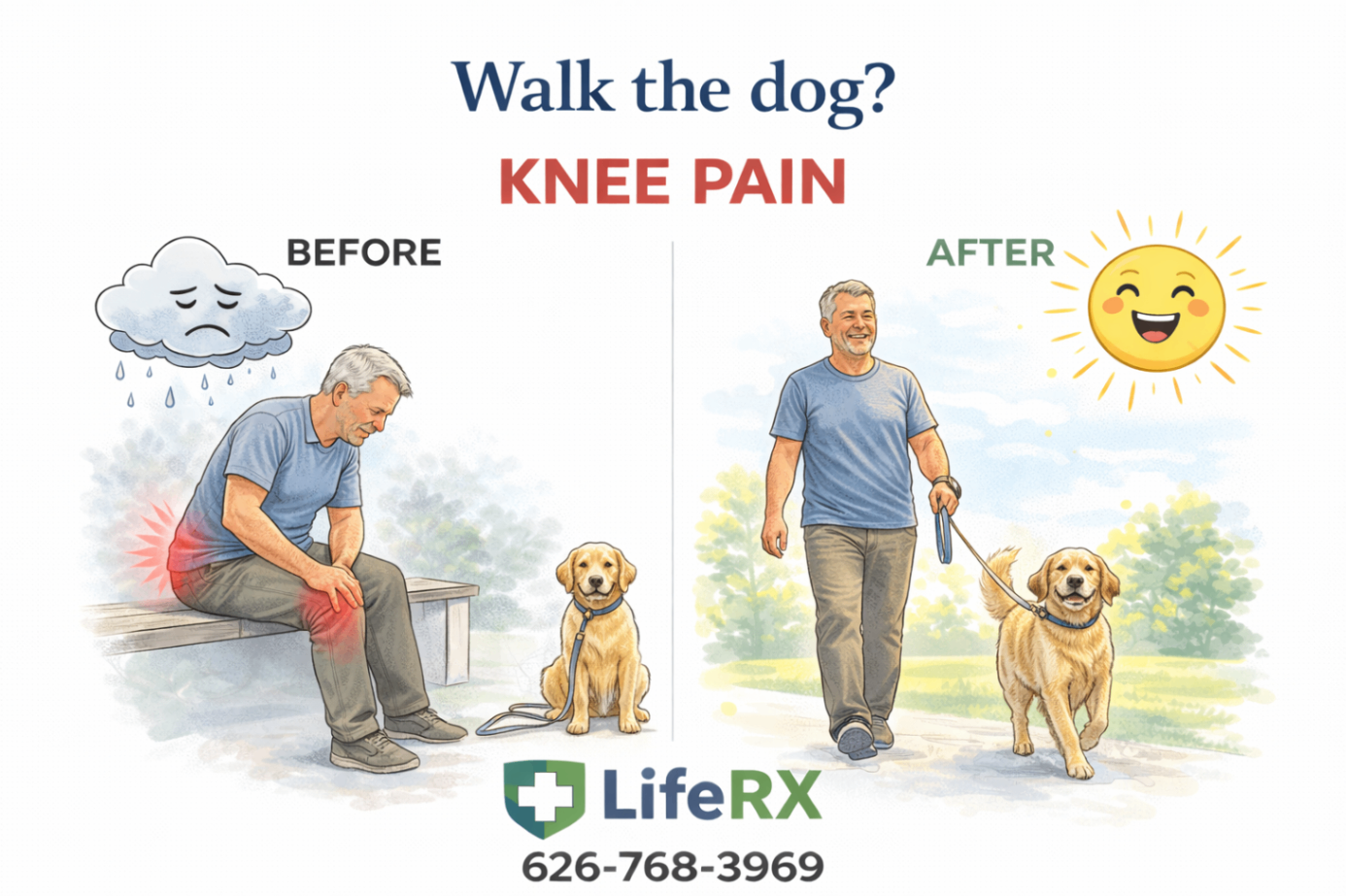 Split-screen illustration of a man with his dog