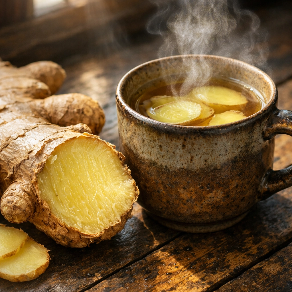 Fresh ginger root and hot ginger tea on a rustic table, used for natural pain relief and digestion.