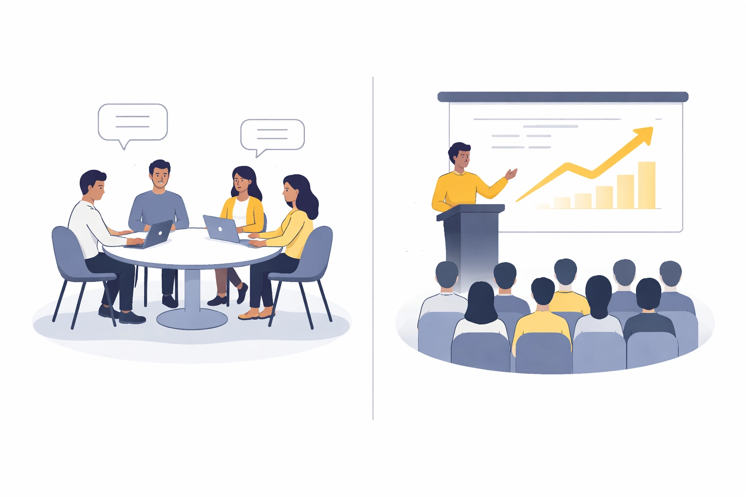 Split-screen illustration comparing collaborative meetings and a sales-focused webinar presentation, highlighting the difference between meeting platforms and selling webinars.