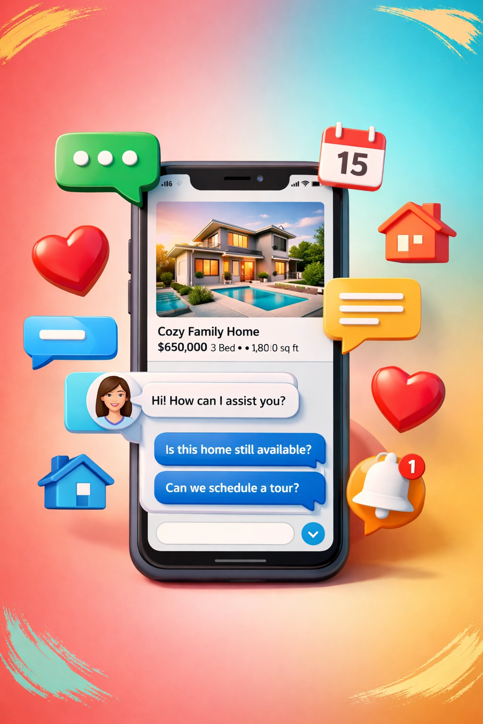 AI chatbot technology on smartphone showing instant home listing communication and buyer engagement