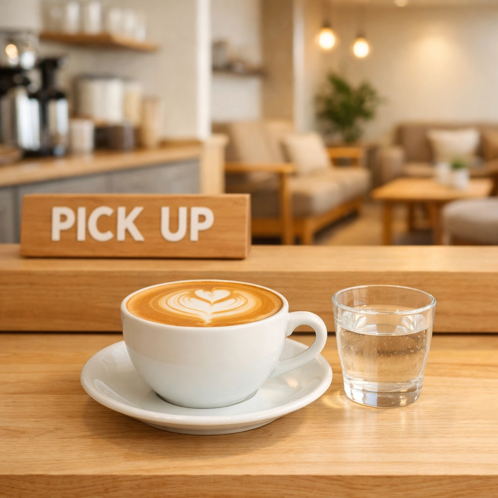 Fresh latte at a coffee shop pickup point, showing clear separation for efficient customer flow and seating.