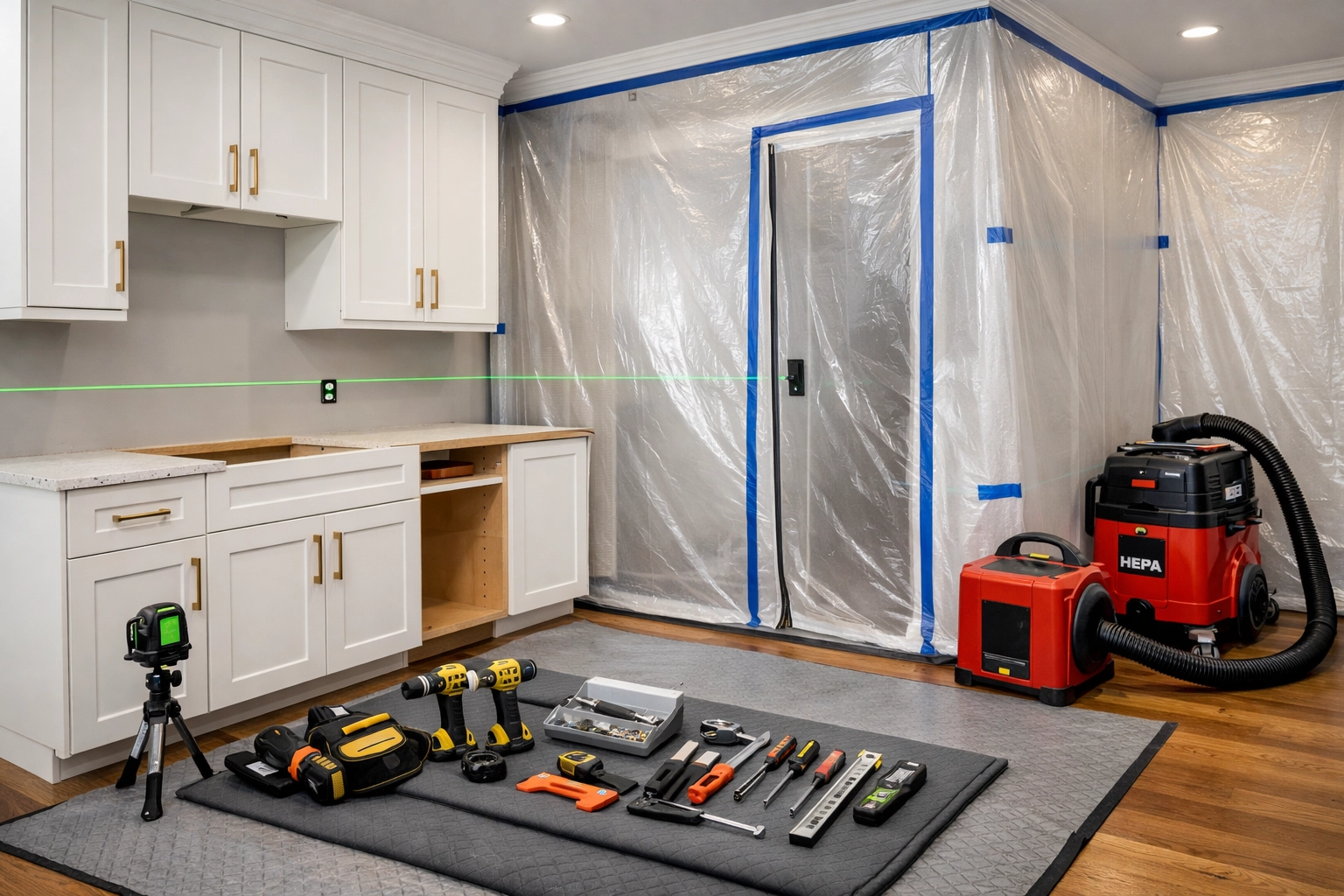 Professional kitchen renovation in progress showing clean job site and precise cabinetry installation.