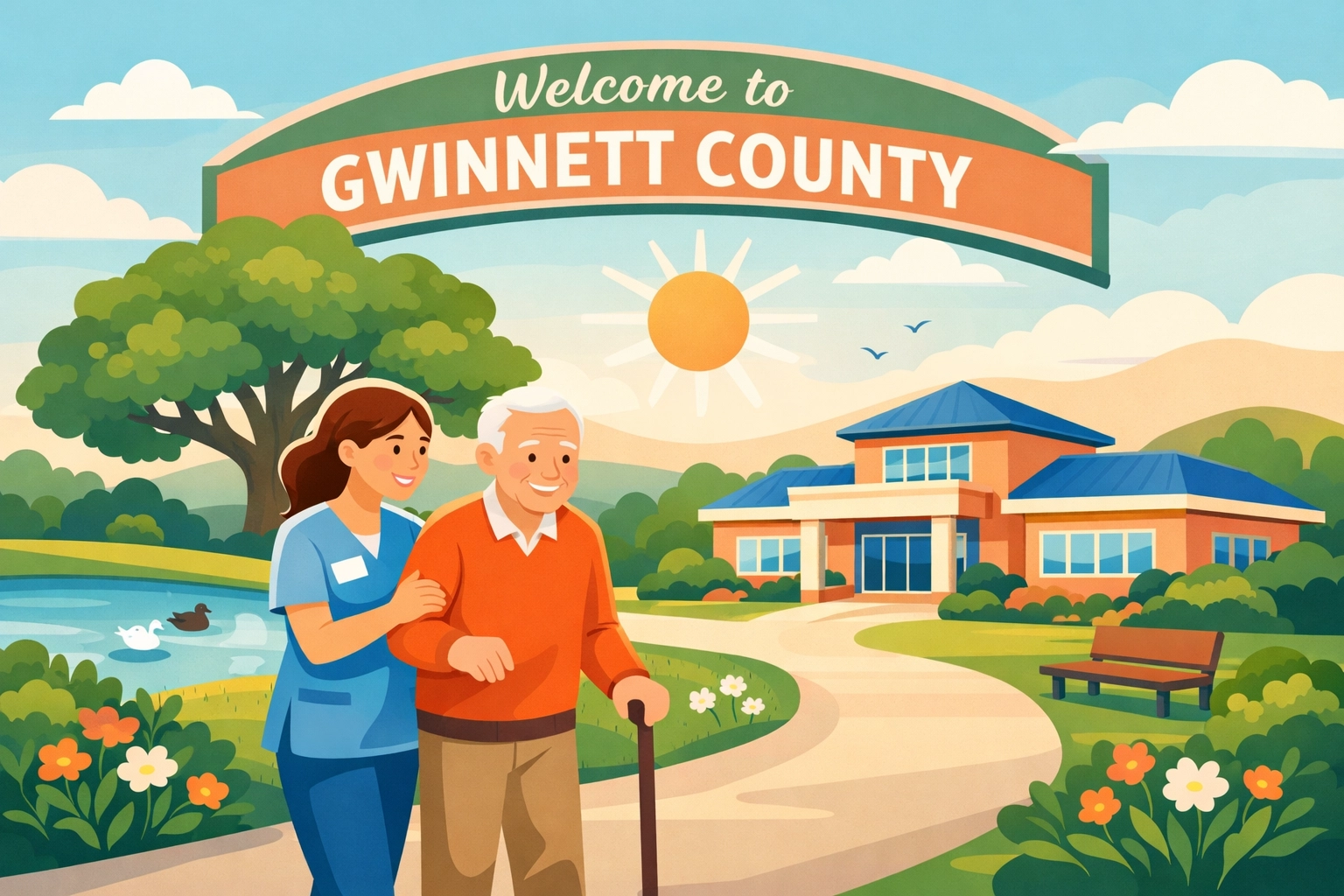 Caregiver supporting a senior in a Gwinnett County park, provided by a professional home care agency in Georgia.