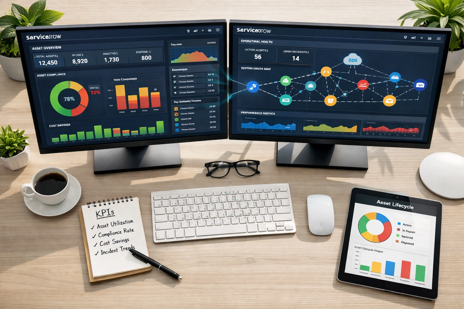 Integrated ServiceNow ITAM and ITOM dashboards displaying unified asset management and operations data