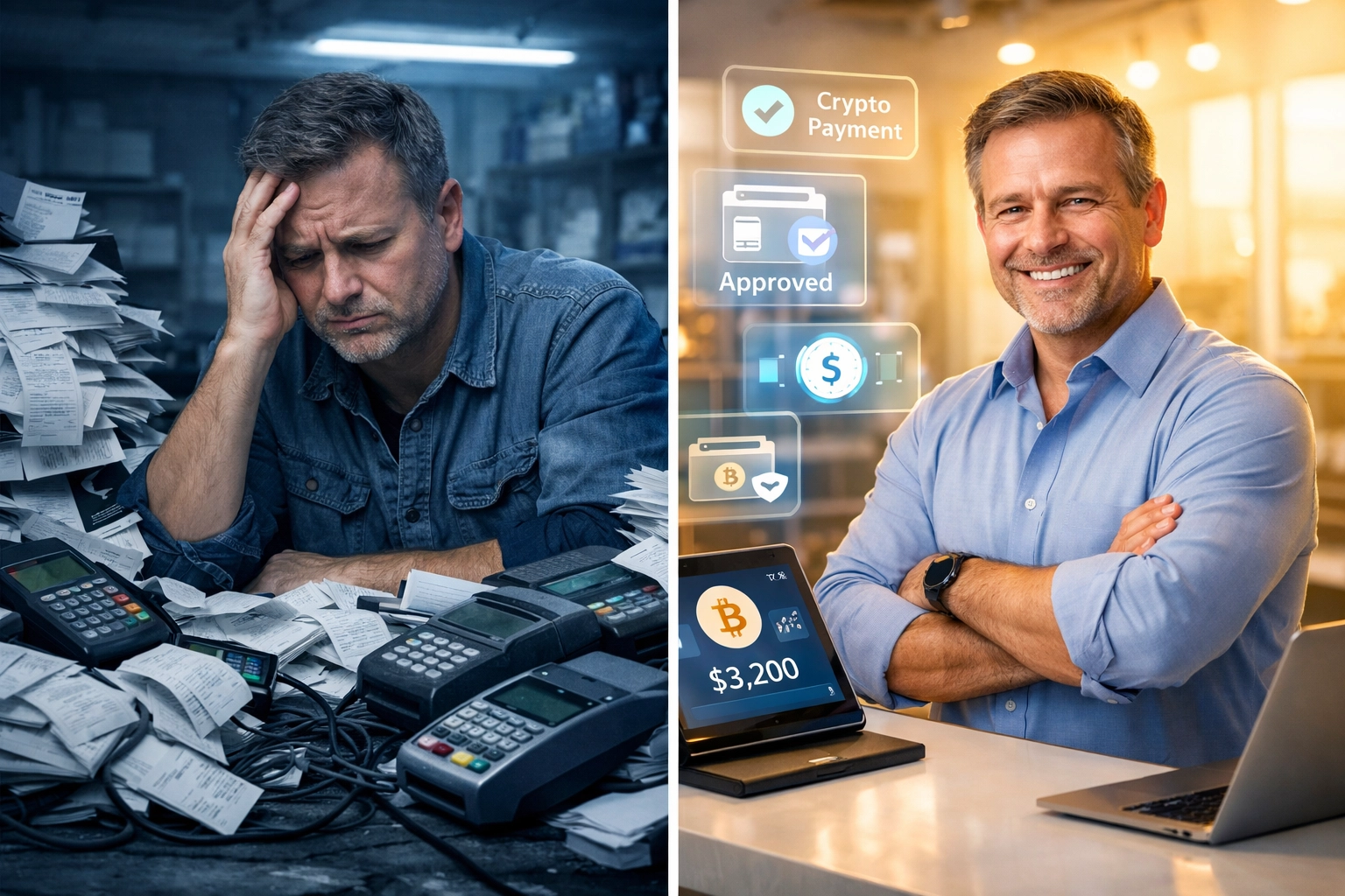 Merchant comparing legacy payment systems with modern blockchain payment infrastructure