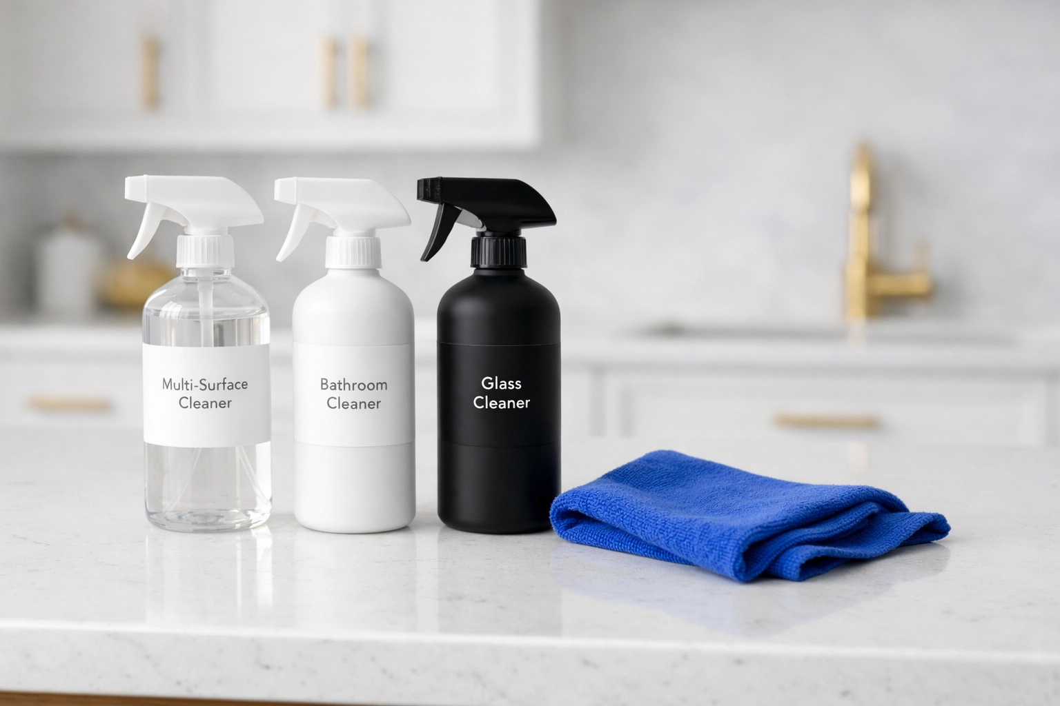 Eco-friendly house cleaning in Franklin using professional safe products on a luxury kitchen island.