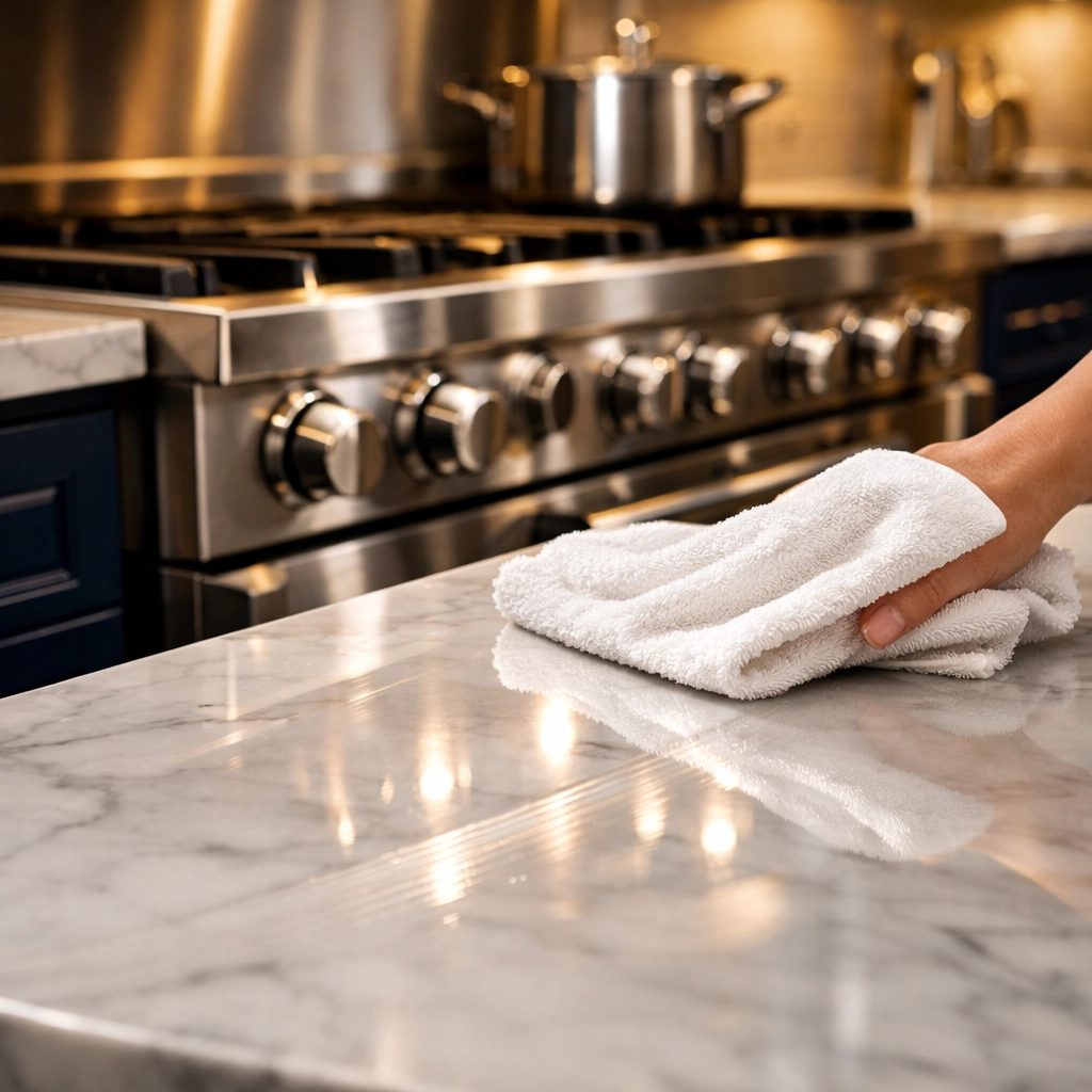 Detailed view of a streak-free marble kitchen island after deep cleaning by professional cleaning services near me.