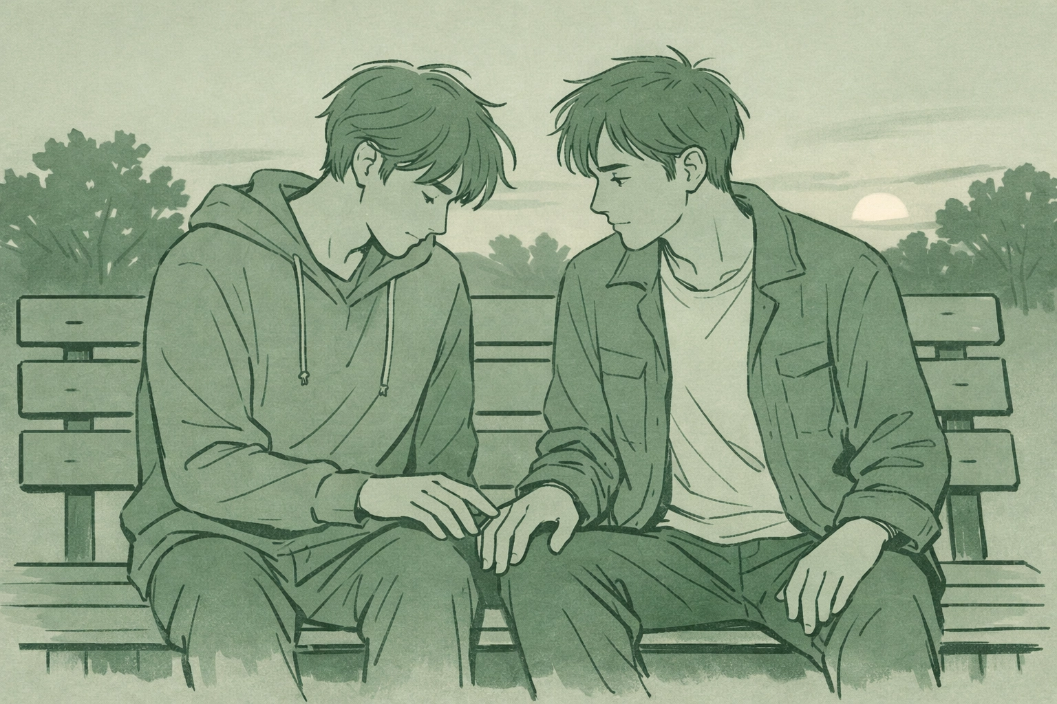 Two men sharing first intimate touch on park bench during bisexual awakening moment