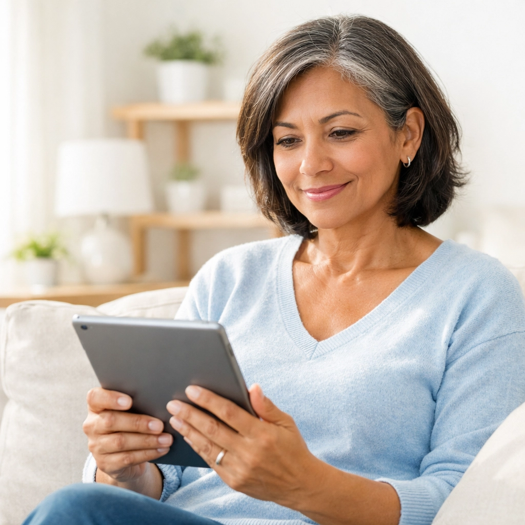 Woman researching Wegovy alternatives and medical weight loss options on a digital tablet.