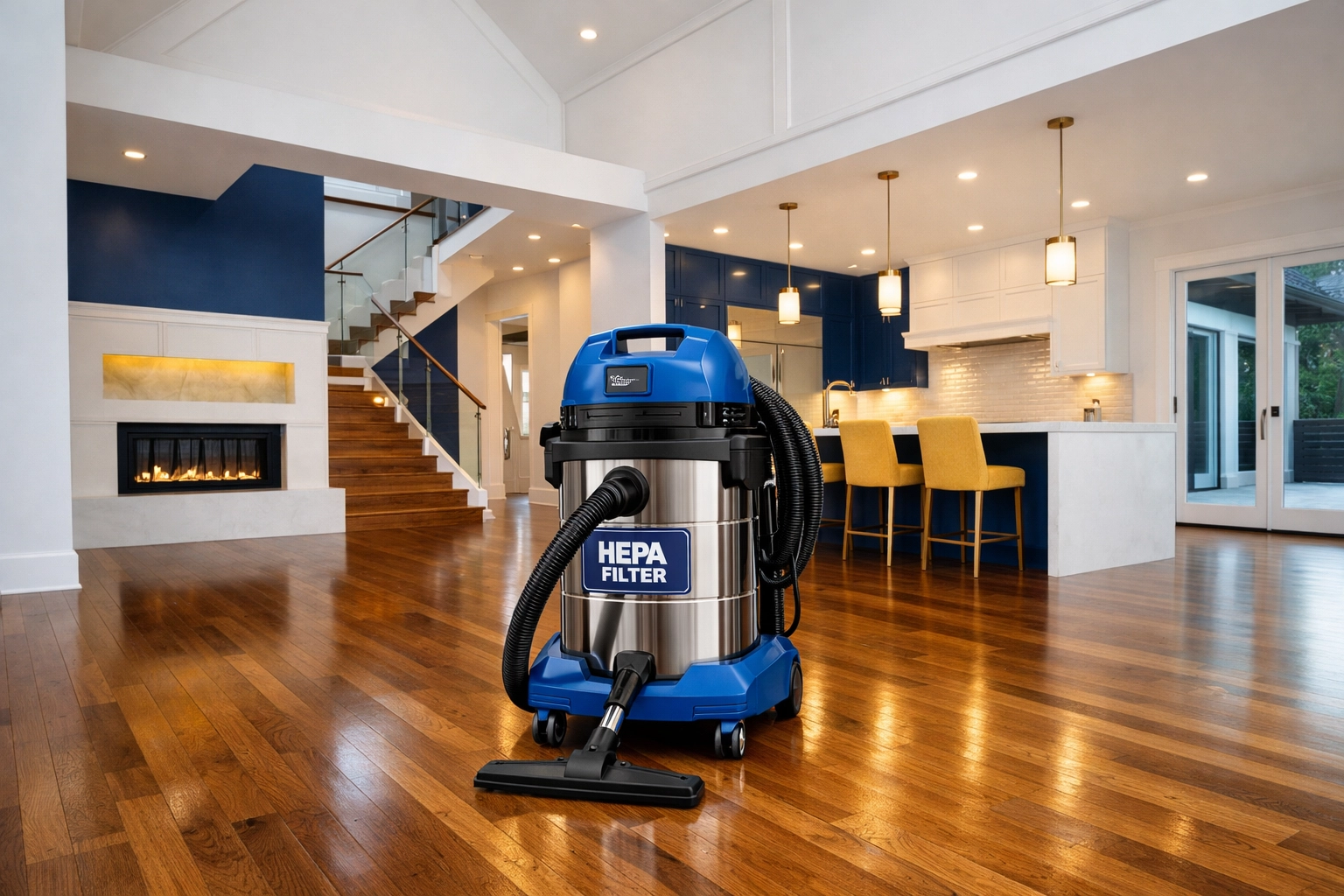 Professional HEPA vacuum in a renovated modern home for comprehensive post-construction cleaning.