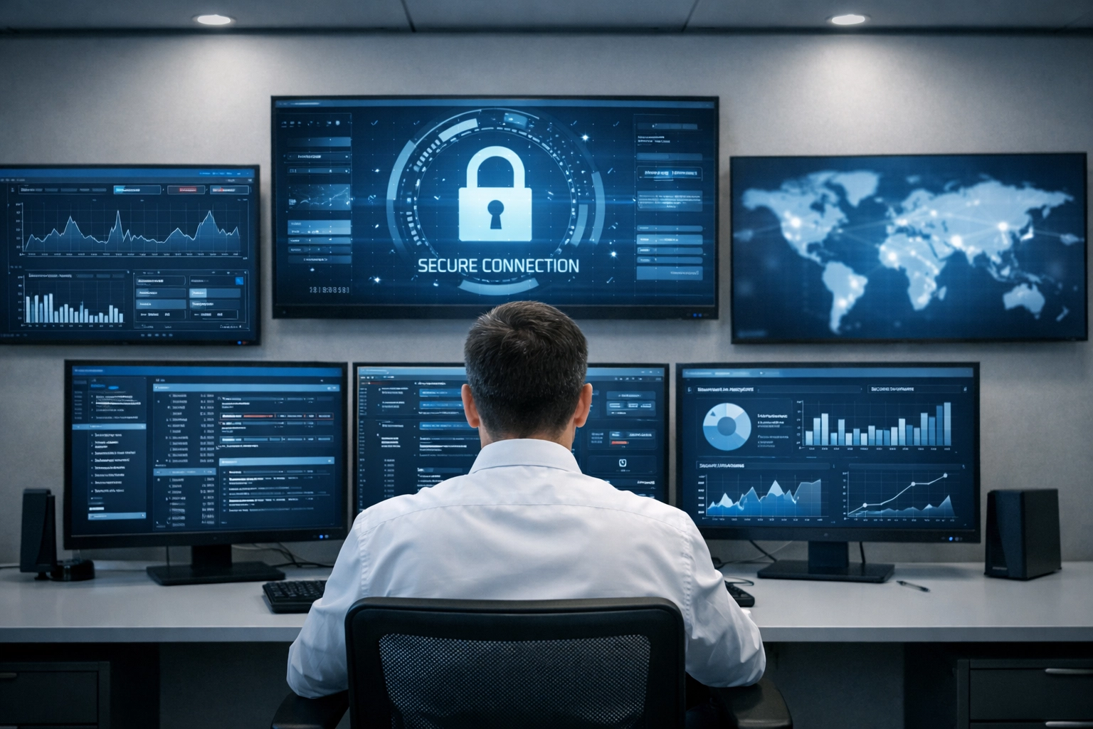 Security operations center showing data analysis to protect commercial policies from sophisticated AI-driven fraud.