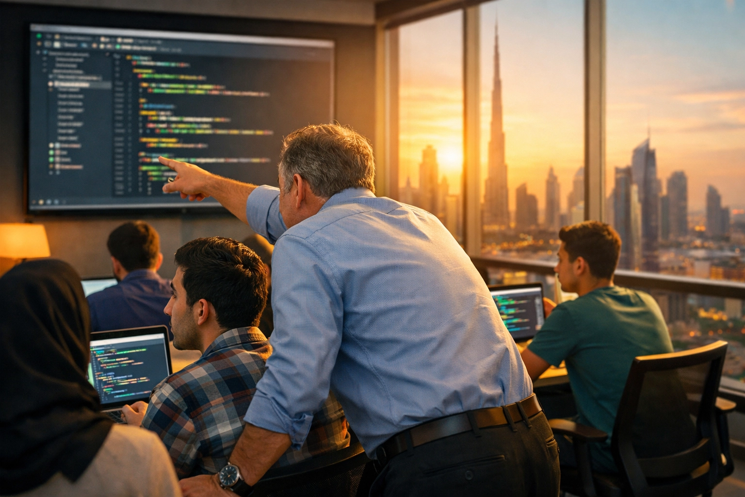 Instructor helping student with Python code in modern Dubai training classroom with engaged learners