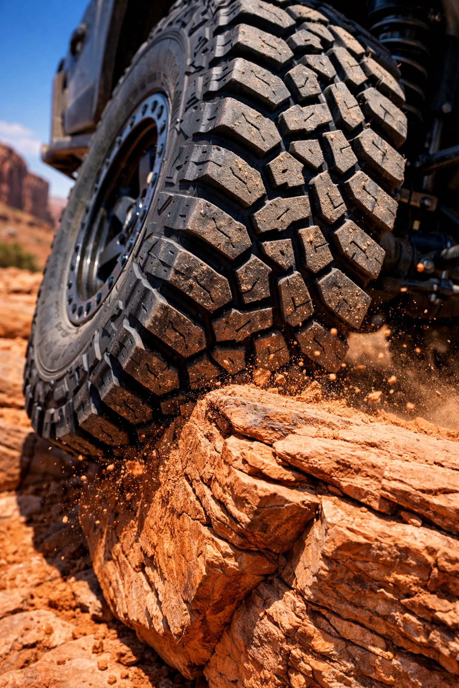 Close-up of a rugged 4x4 off-road tire gripping a red rock ledge for traction in the Utah desert.