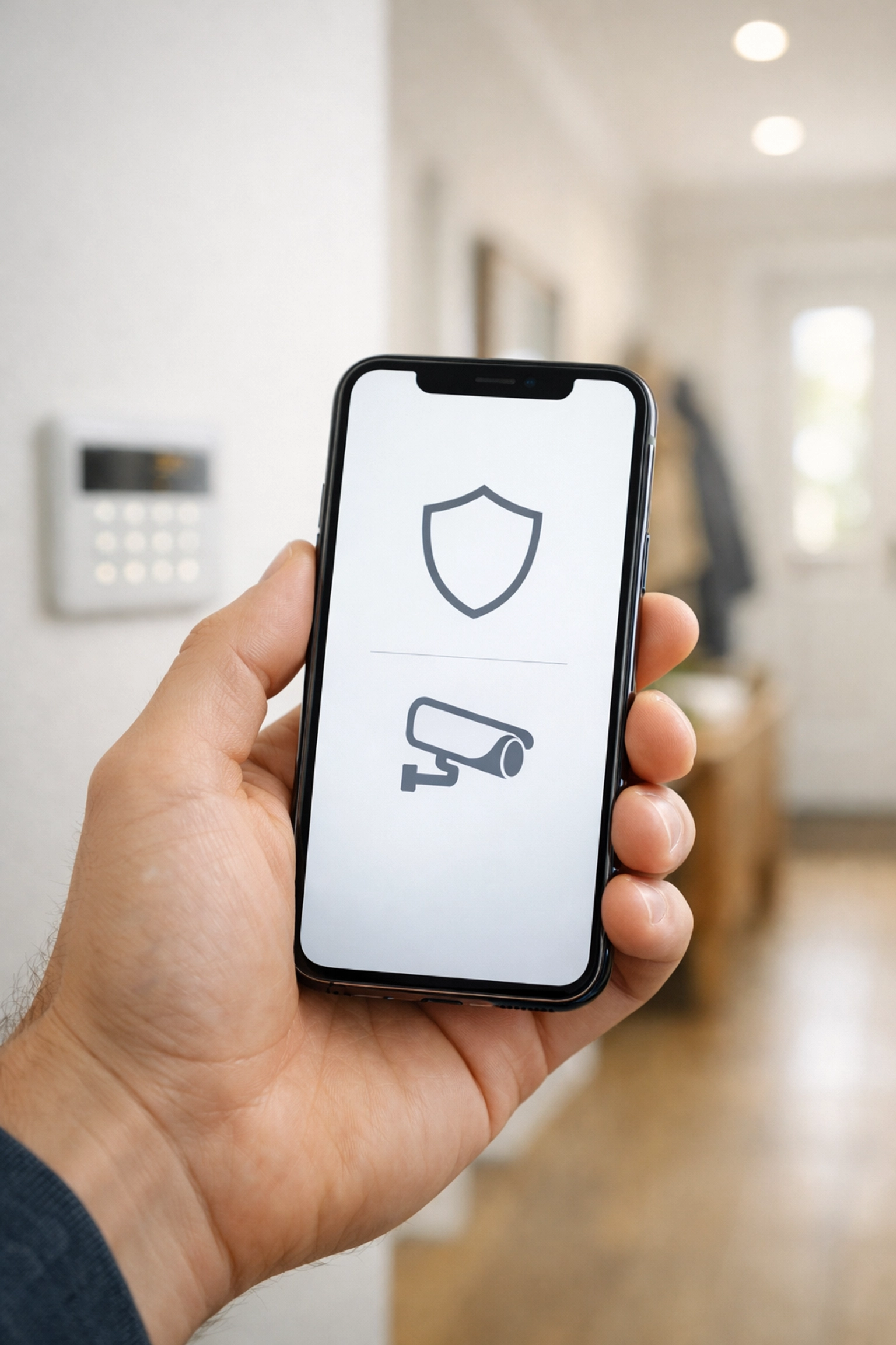 Smart security alarm app on a smartphone in a modern Newport home hallway.