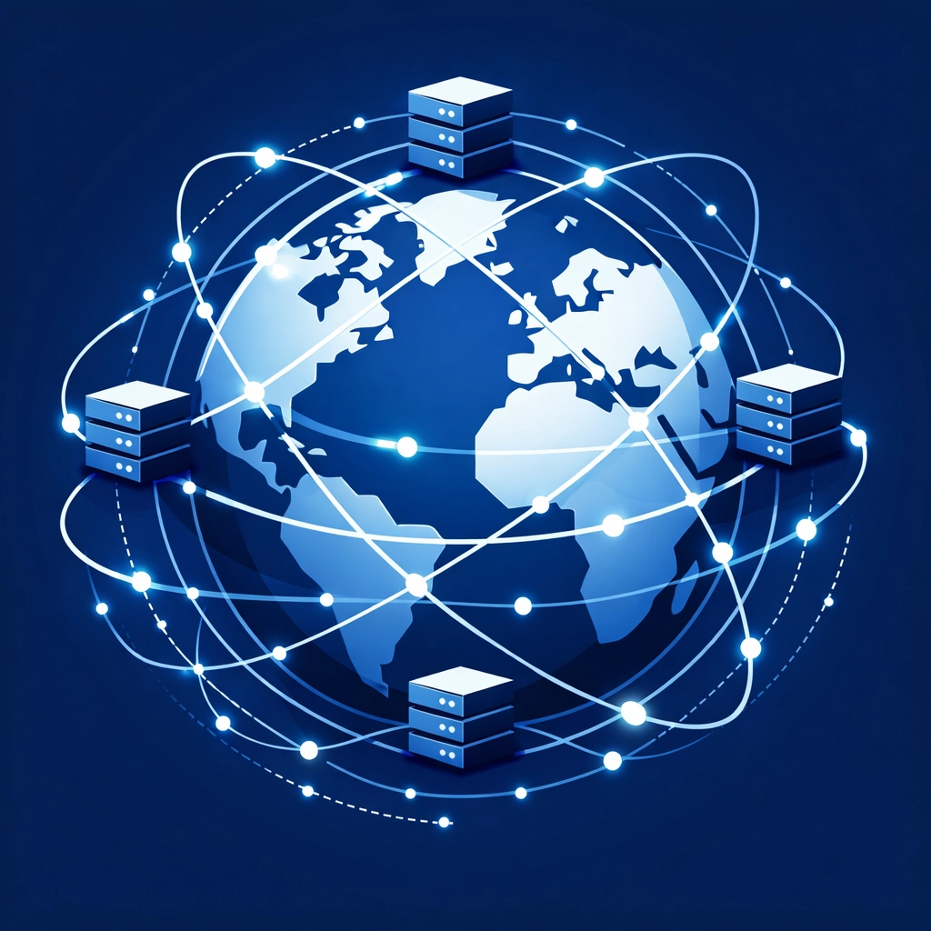 Global network illustration showing data delivery through a CDN for faster website load speeds.