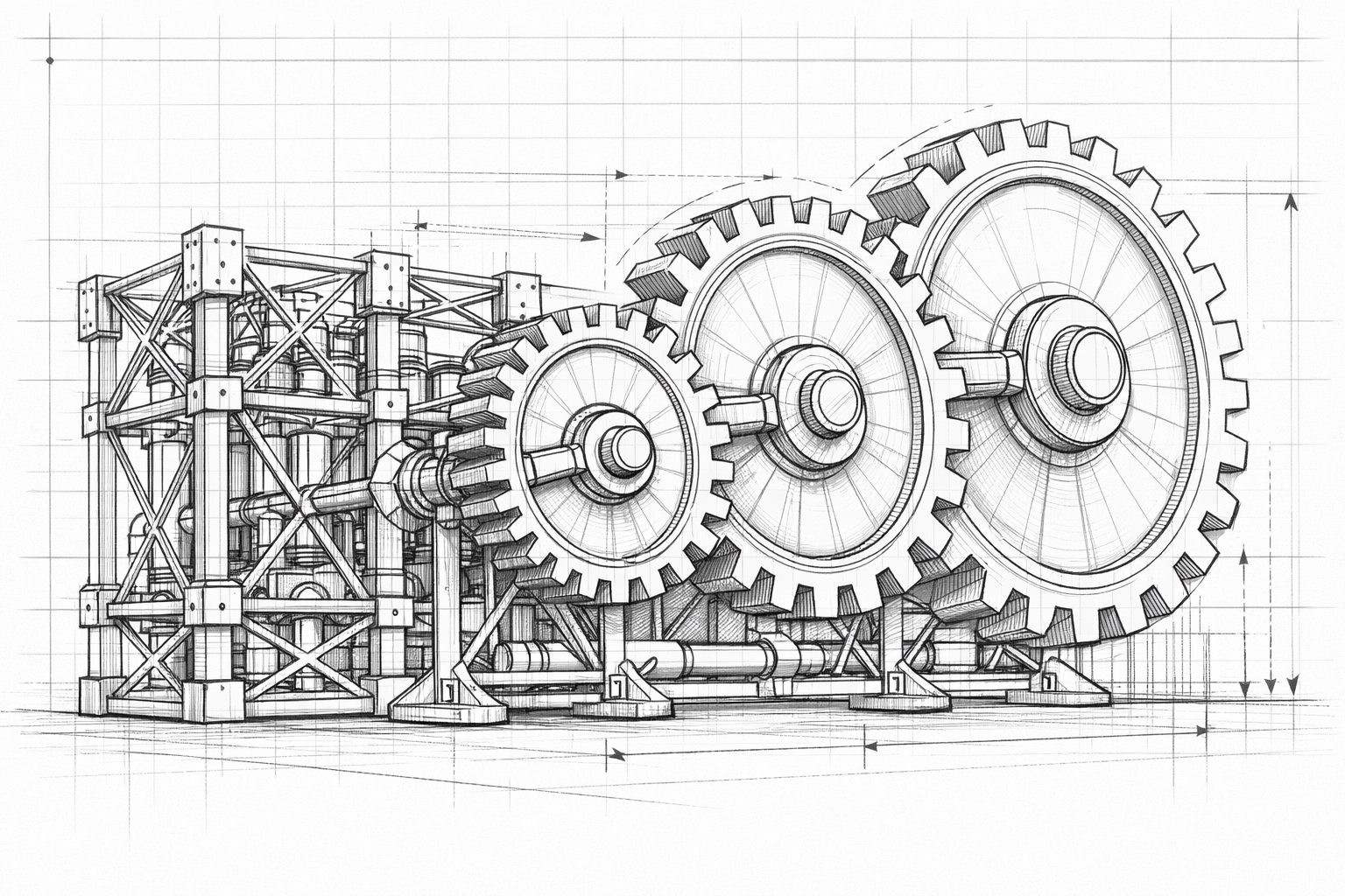 Blueprint of a growth engine and revenue gears illustrating scalable sales automation and business efficiency.