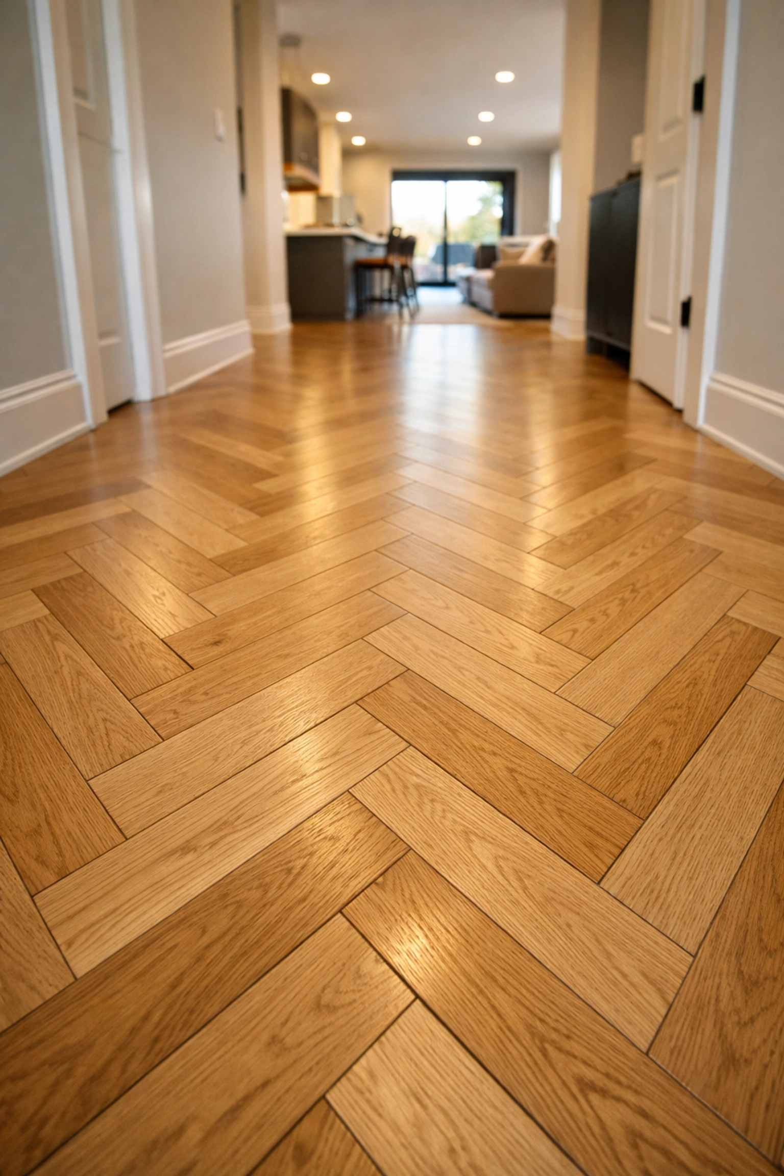 Professionally installed light oak herringbone flooring in a Fleet home, showing high-quality carpentry finish.