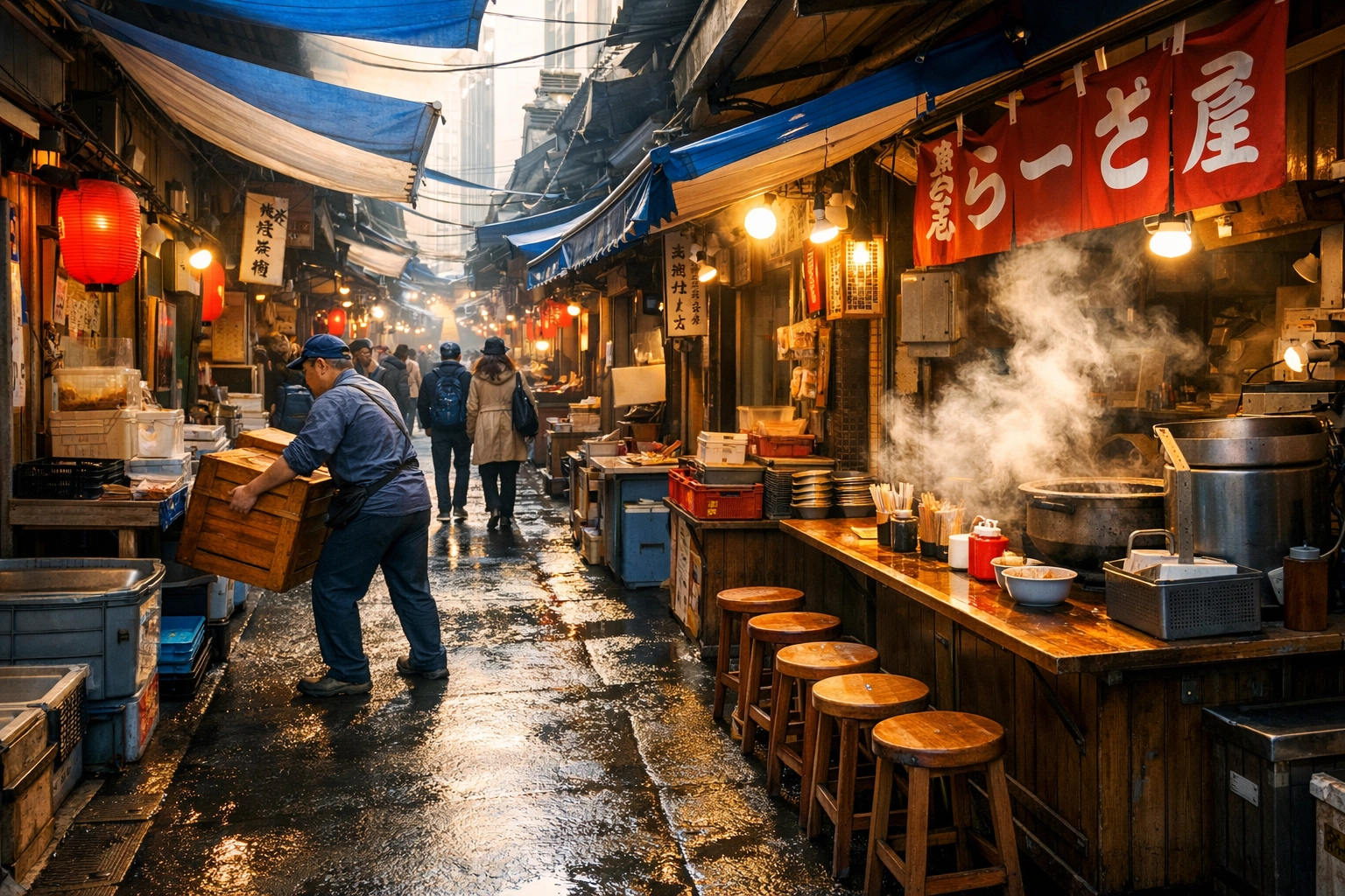 Early morning sunlight in a narrow Tsukiji Outer Market alleyway with local food stalls.