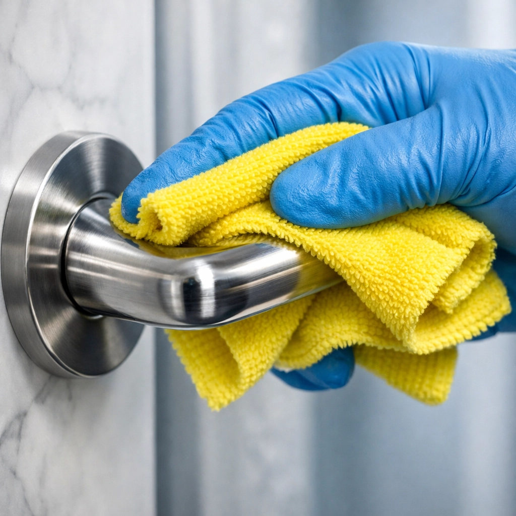Hand sanitizing a door handle with eco-friendly sanitization products and a microfiber cloth in a Boston kitchen.