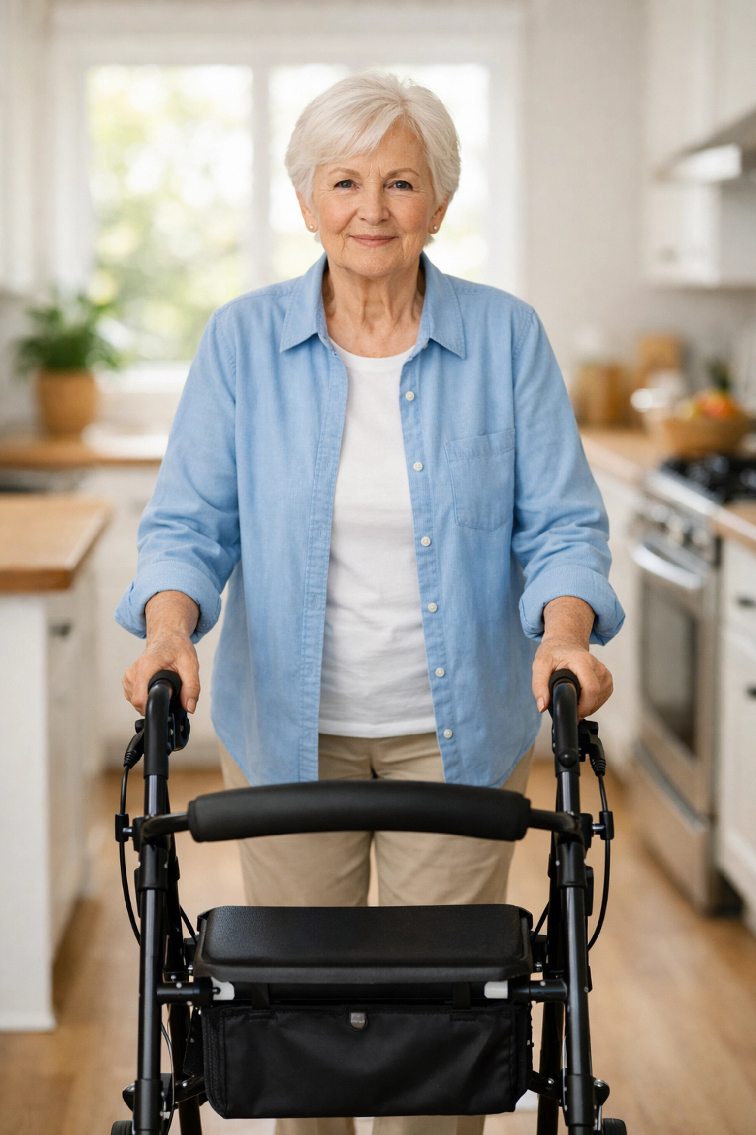 Senior person using a rollator walker with correct upright posture and forward-looking gaze.