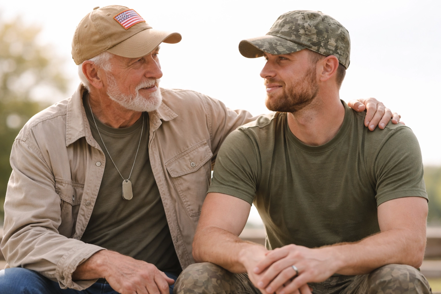 Older and younger veterans sharing support and understanding, symbolizing veteran mental health advocacy and mentorship.