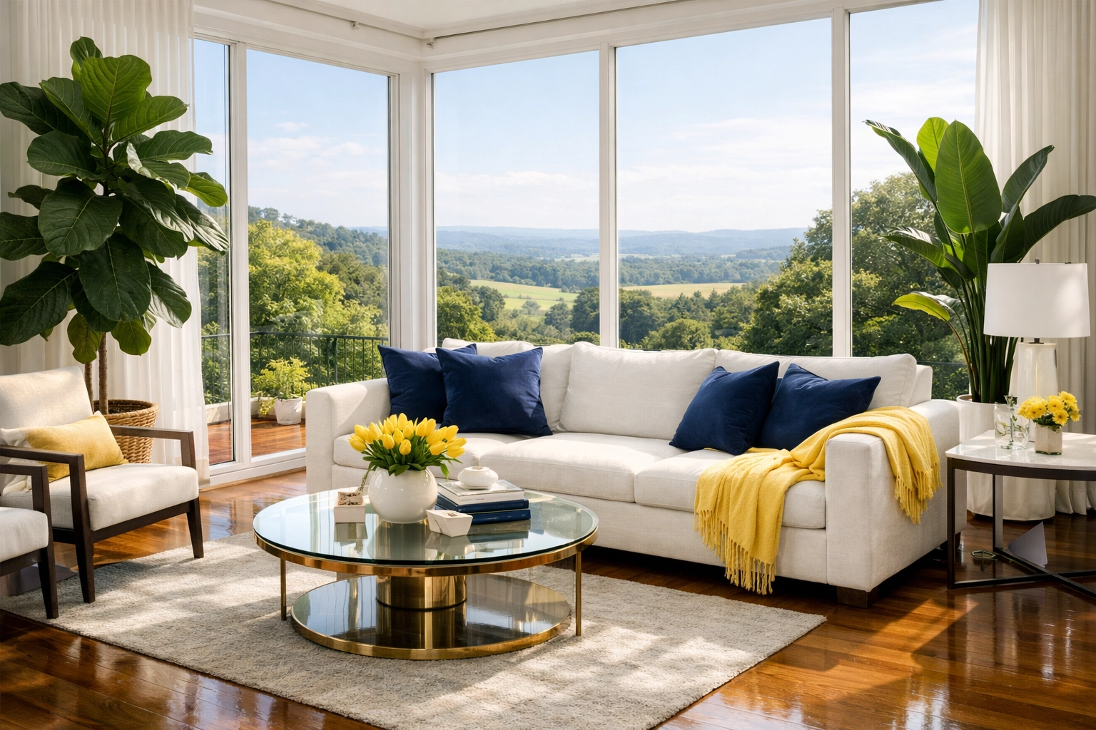 Sun-drenched luxury Milton living room with polished floors highlighting an eco-friendly professional cleaning.